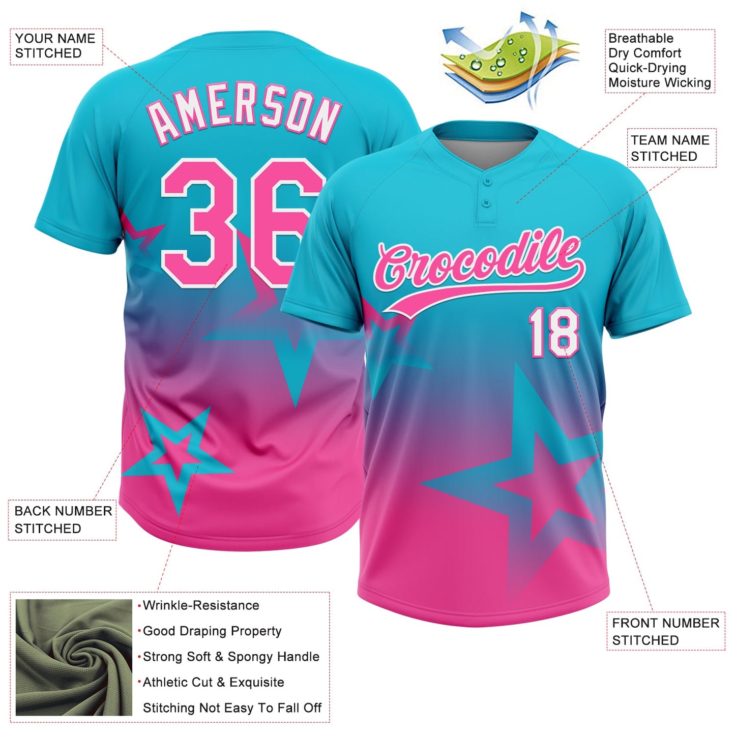 Custom Lakes Blue Pink-White Gradient Style Twinkle Star Two-Button Unisex Softball Jersey view 3