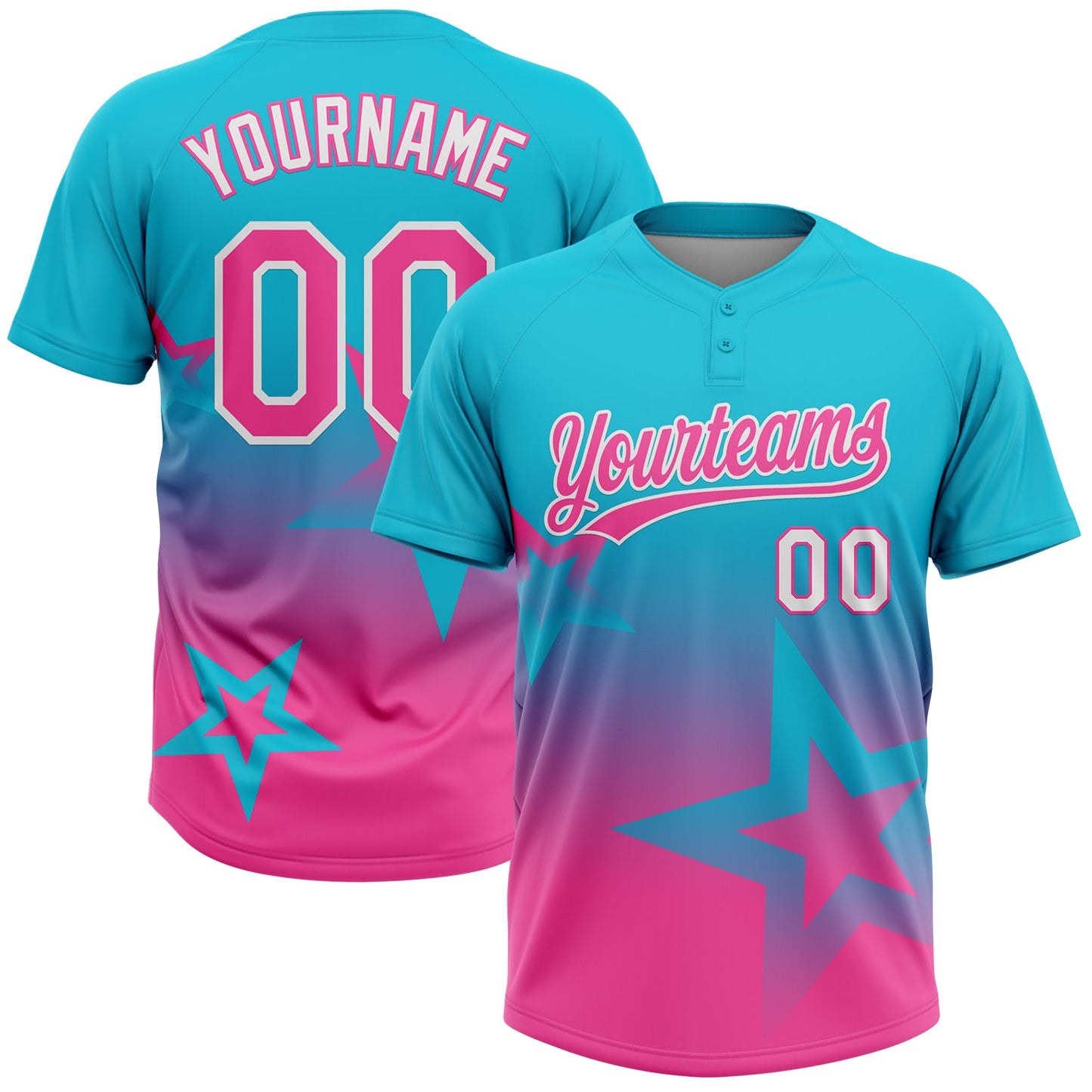 Custom Lakes Blue Pink-White Gradient Style Twinkle Star Two-Button Unisex Softball Jersey - Main View