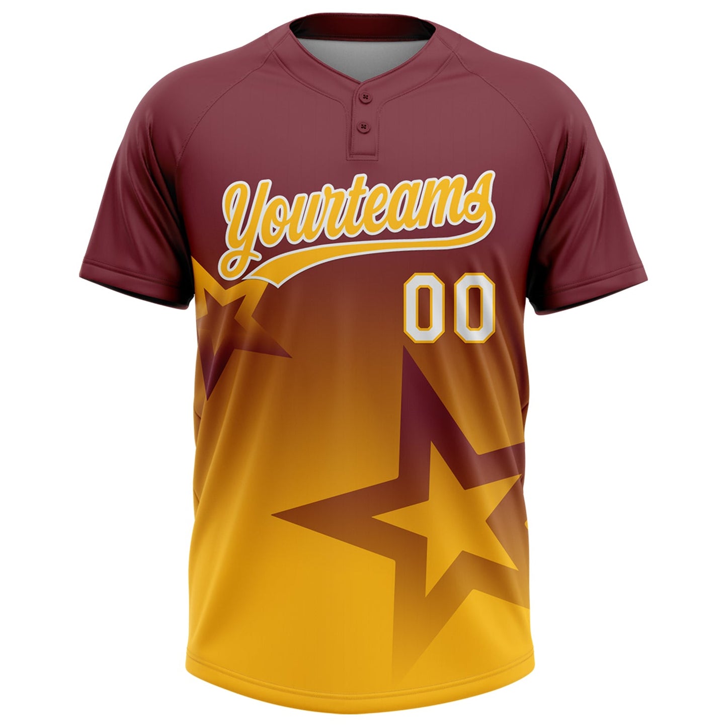 Custom Burgundy Gold-White Gradient Style Twinkle Star Two-Button Unisex Softball Jersey view 2