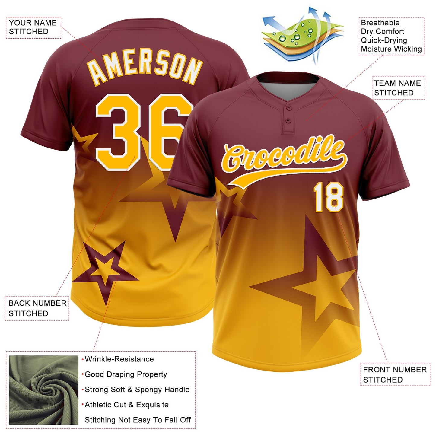 Custom Burgundy Gold-White Gradient Style Twinkle Star Two-Button Unisex Softball Jersey view 3