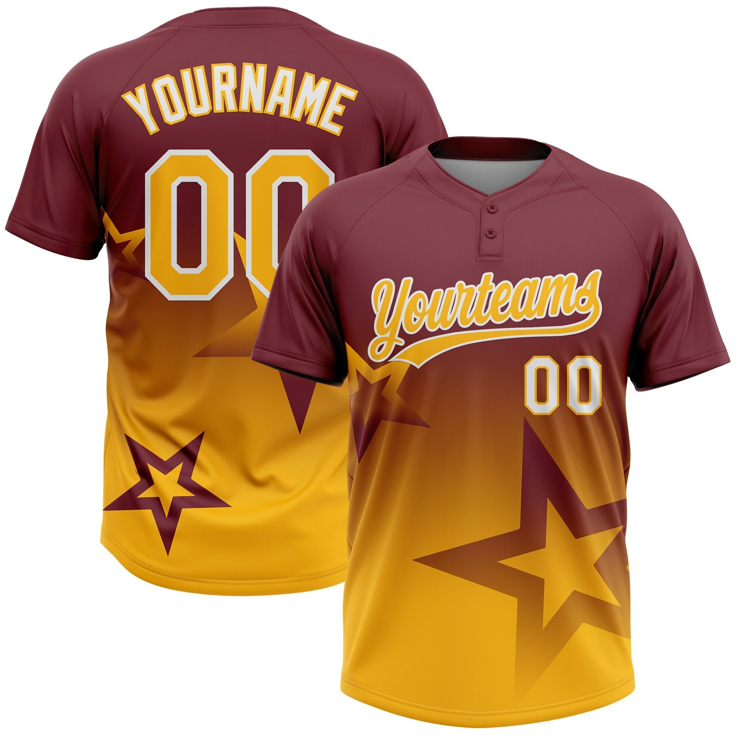 Custom Burgundy Gold-White Gradient Style Twinkle Star Two-Button Unisex Softball Jersey - Main View