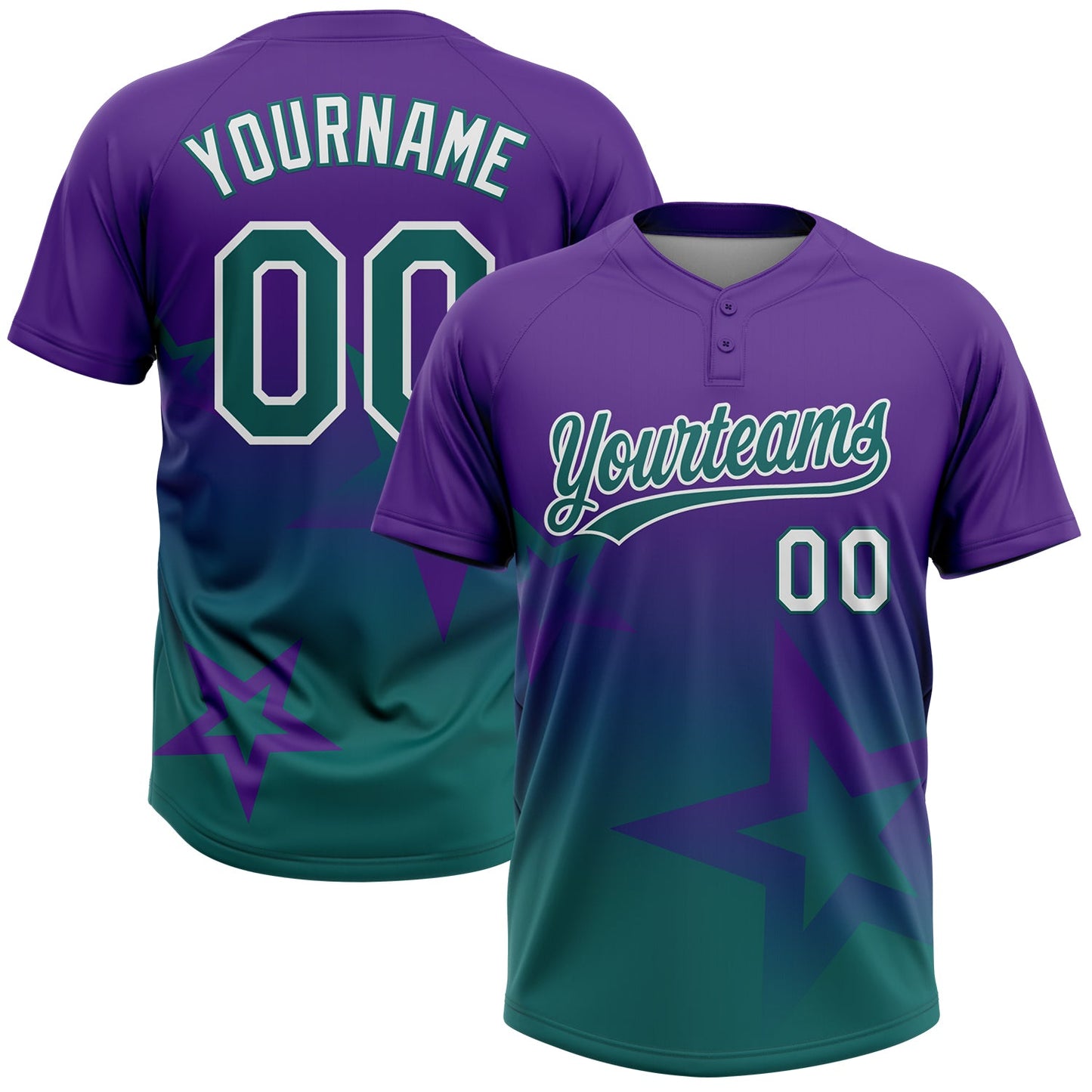 Custom Purple Teal-White Gradient Style Twinkle Star Two-Button Unisex Softball Jersey - Main View