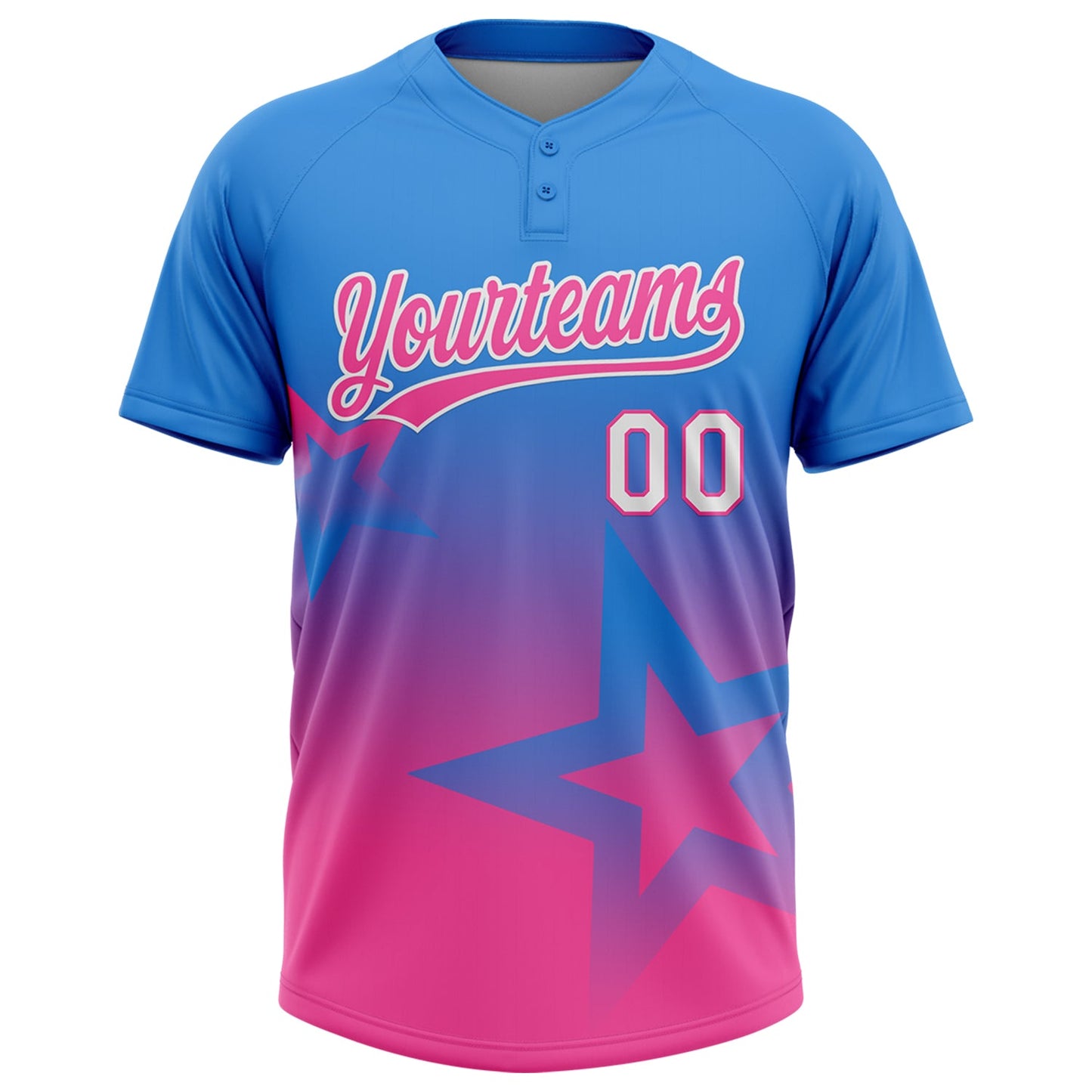 Custom Electric Blue Pink-White Gradient Style Twinkle Star Two-Button Unisex Softball Jersey view 2