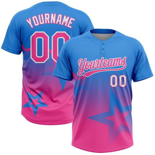 Custom Electric Blue Pink-White Gradient Style Twinkle Star Two-Button Unisex Softball Jersey - Main View
