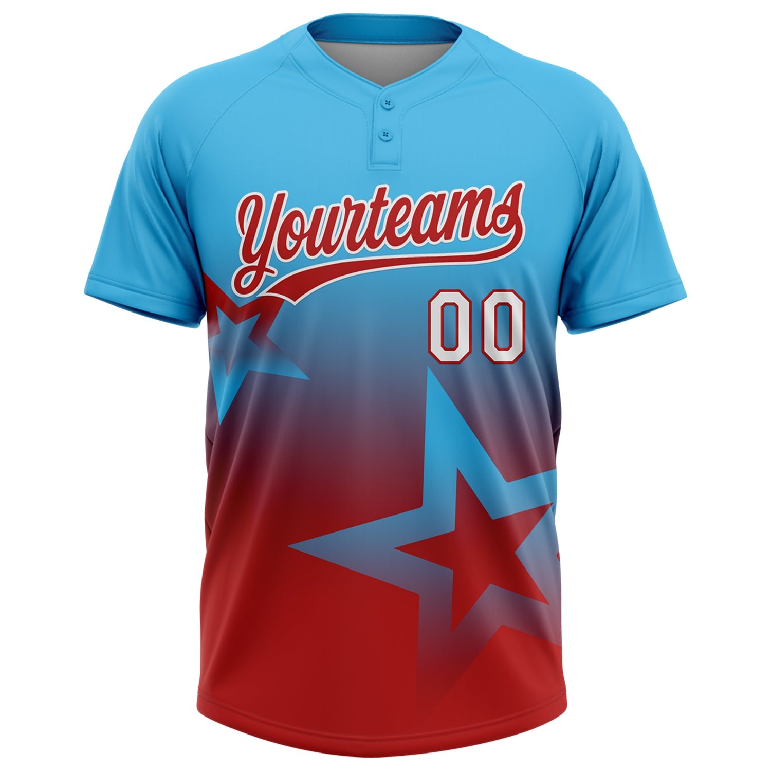 Custom Sky Blue Red-White Gradient Style Twinkle Star Two-Button Unisex Softball Jersey view 2