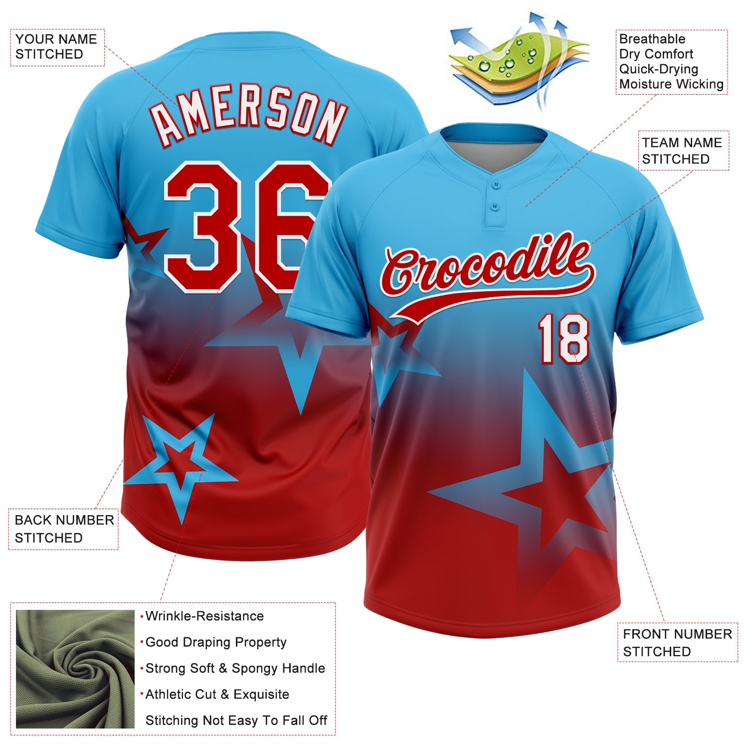 Custom Sky Blue Red-White Gradient Style Twinkle Star Two-Button Unisex Softball Jersey view 3