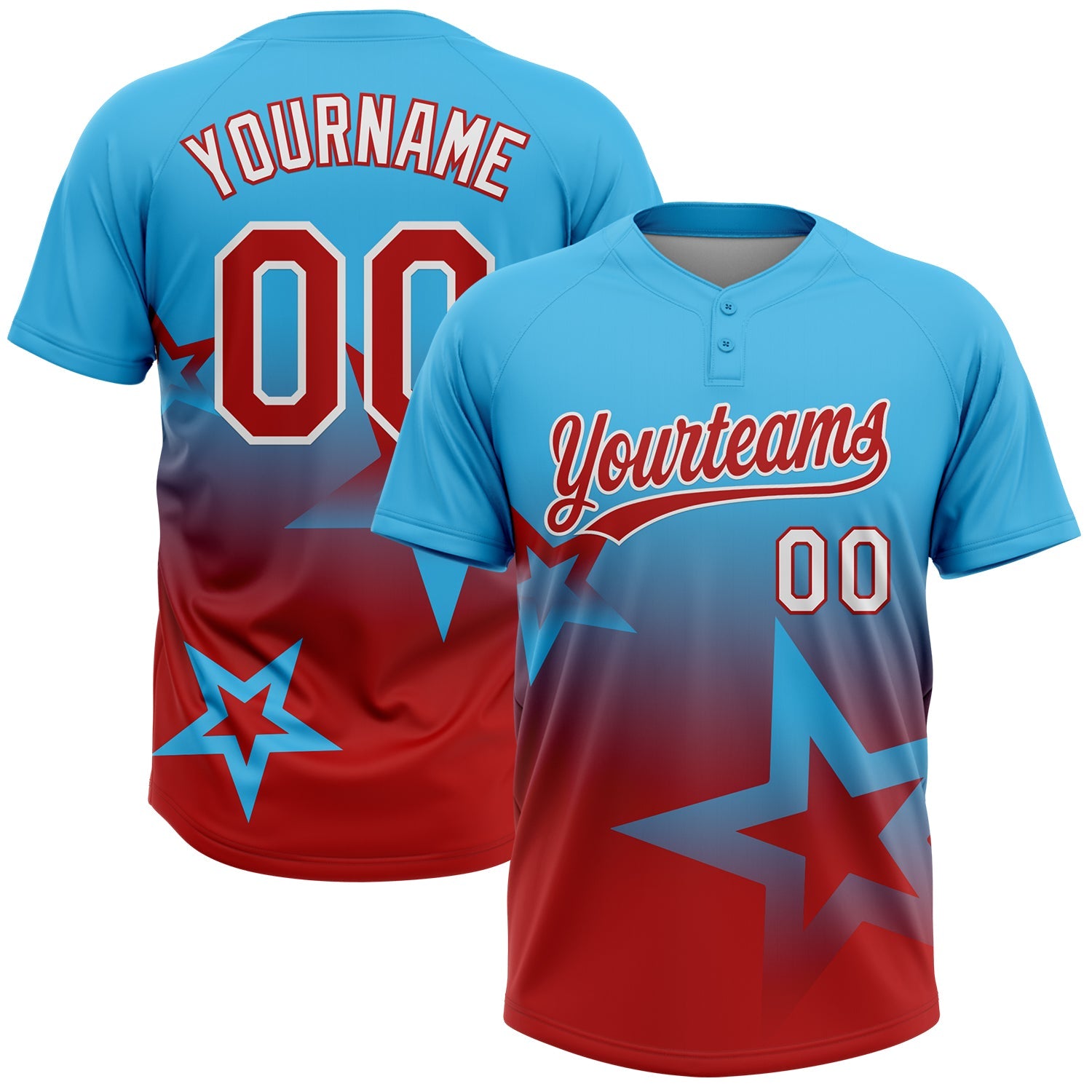 Custom Sky Blue Red-White Gradient Style Twinkle Star Two-Button Unisex Softball Jersey - Main View