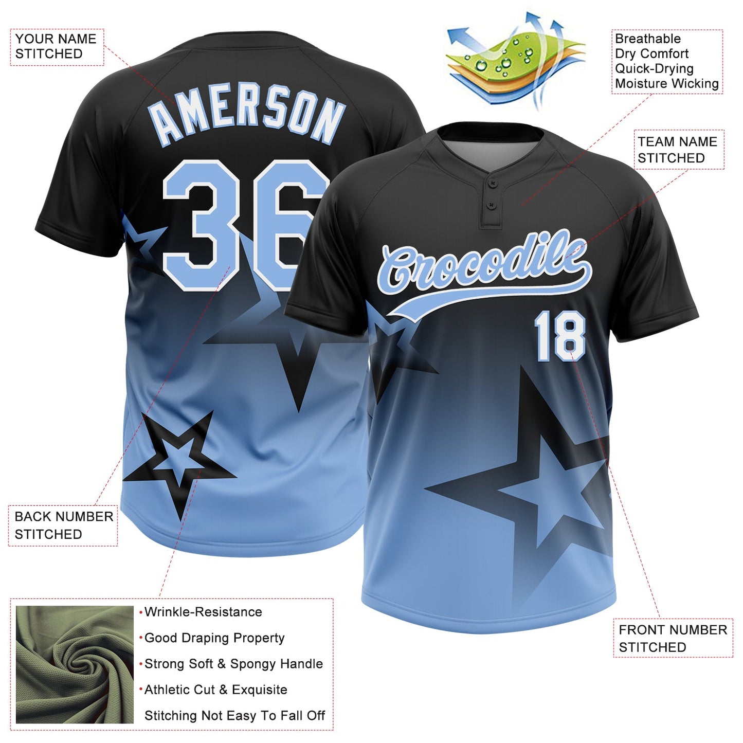Custom Black Light Blue-White Gradient Style Twinkle Star Two-Button Unisex Softball Jersey view 3