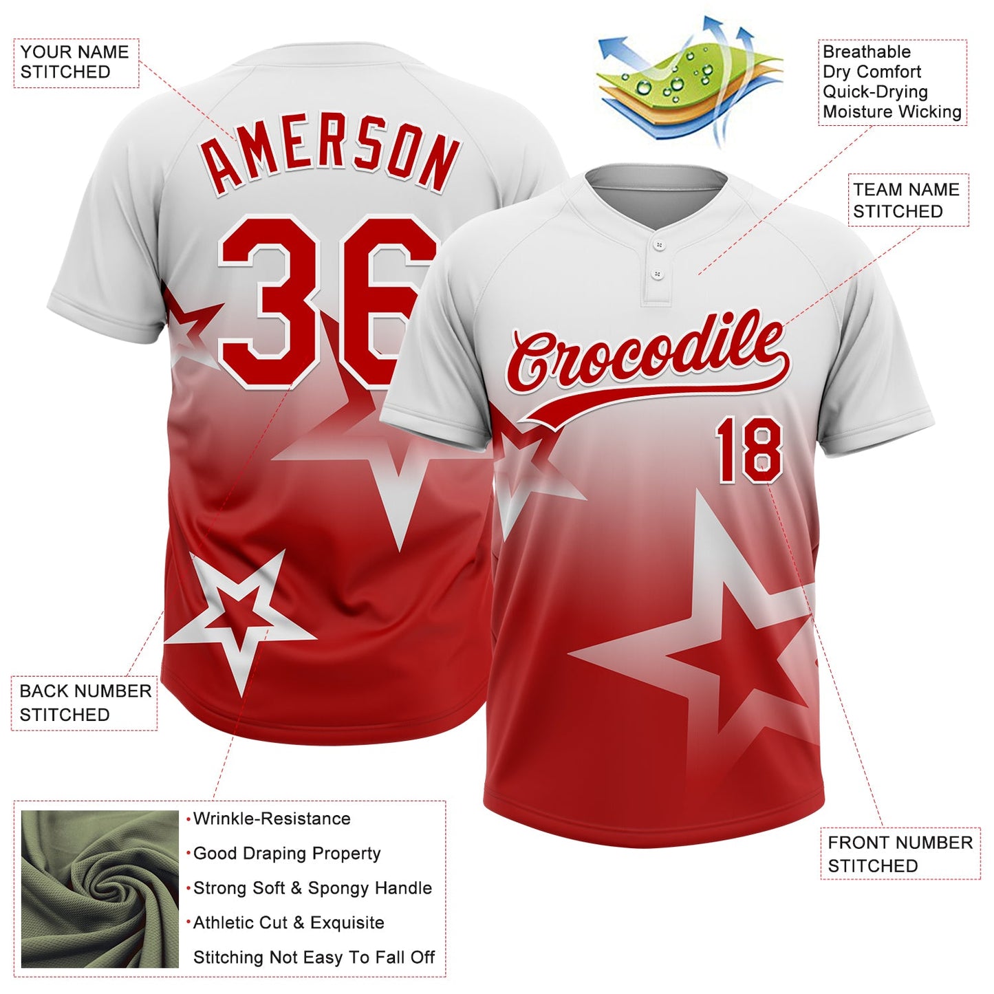 Custom White Red Gradient Style Twinkle Star Two-Button Unisex Softball Jersey view 3