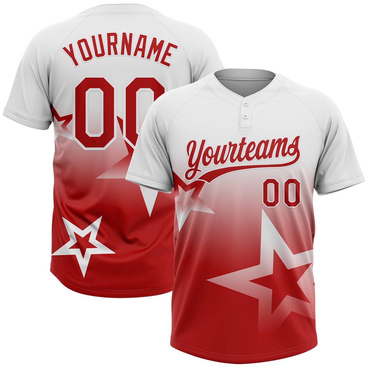 Custom White Red Gradient Style Twinkle Star Two-Button Unisex Softball Jersey - Main View