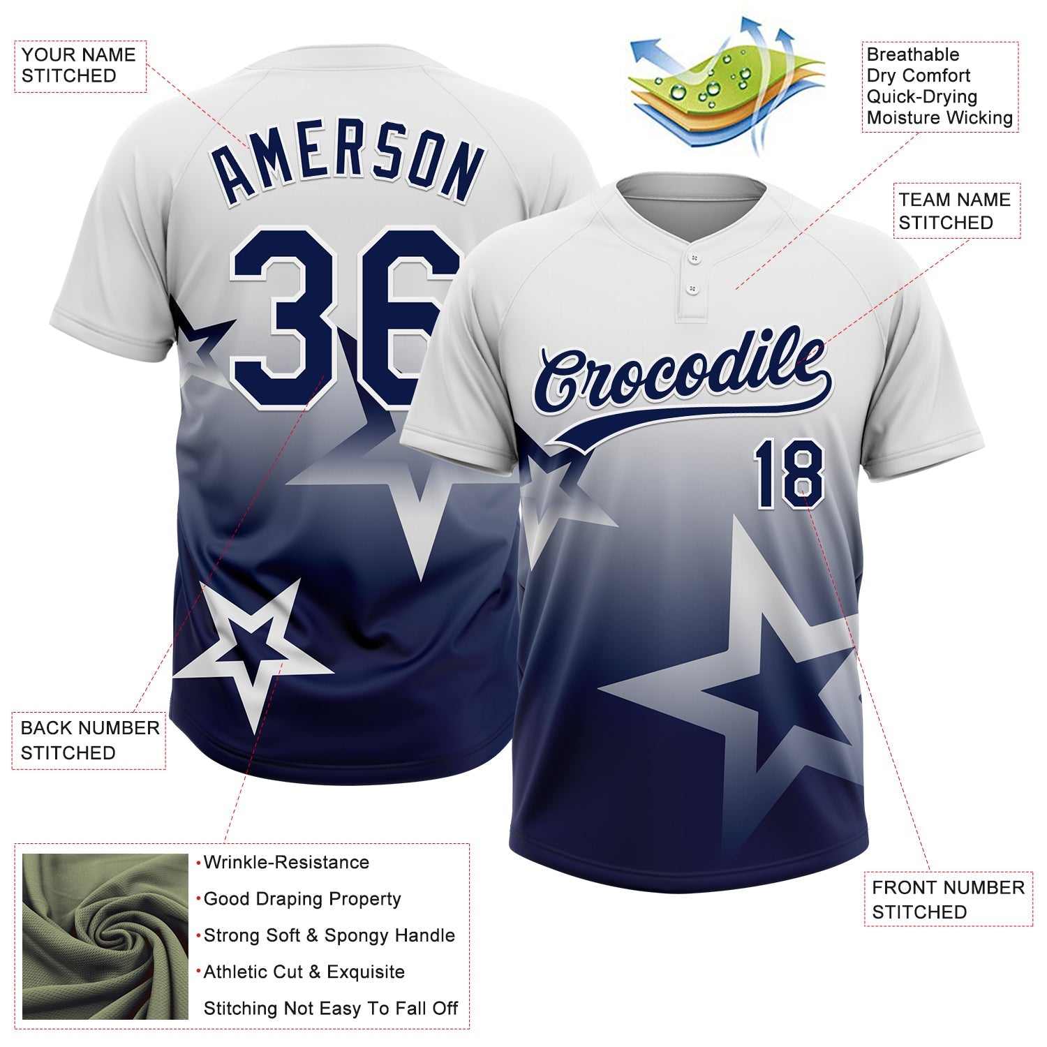 Custom White Navy Gradient Style Twinkle Star Two-Button Unisex Softball Jersey view 3