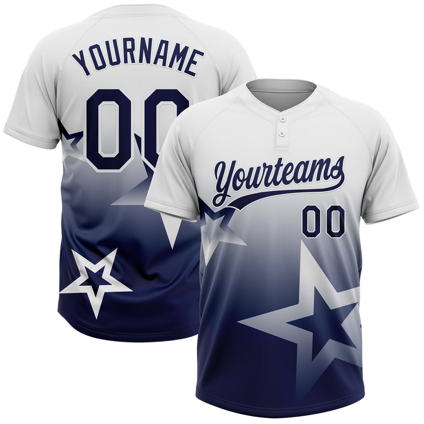 Custom White Navy Gradient Style Twinkle Star Two-Button Unisex Softball Jersey - Main View