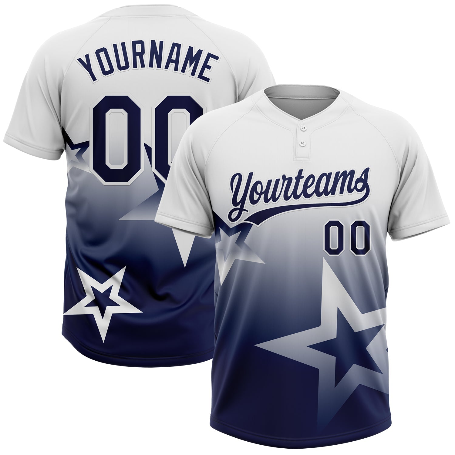 Custom White Navy Gradient Style Twinkle Star Two-Button Unisex Softball Jersey - Main View