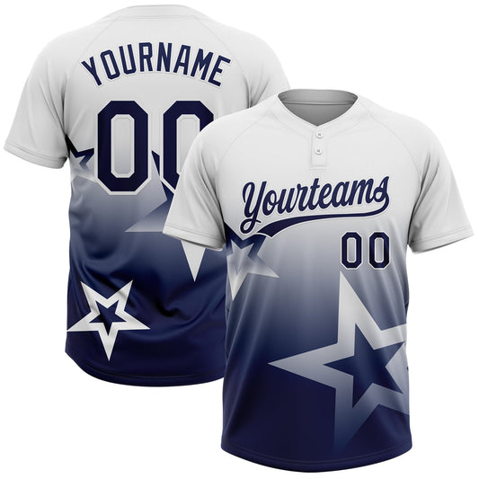 Custom White Navy Gradient Style Twinkle Star Two-Button Unisex Softball Jersey - Main View