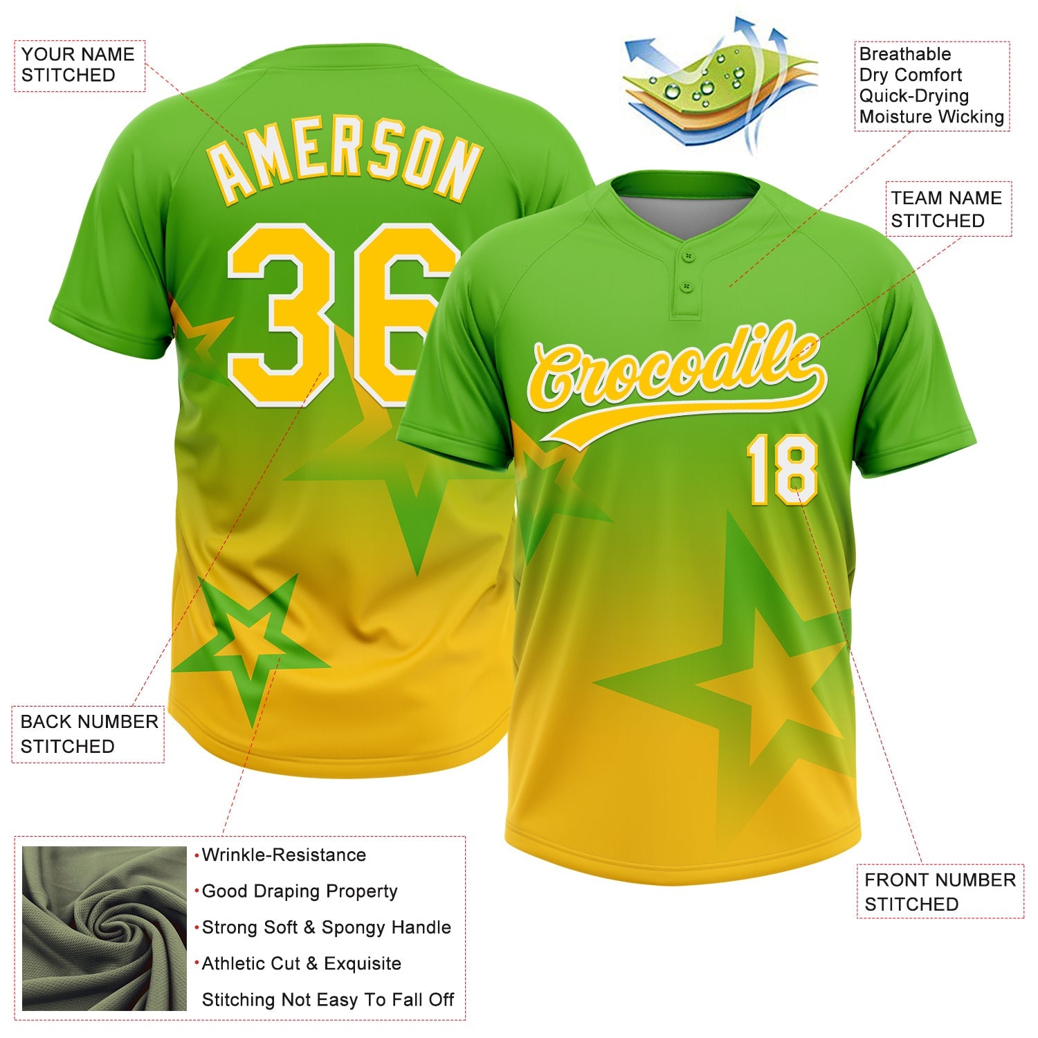 Custom Aurora Green Yellow-White Gradient Style Twinkle Star Two-Button Unisex Softball Jersey view 3