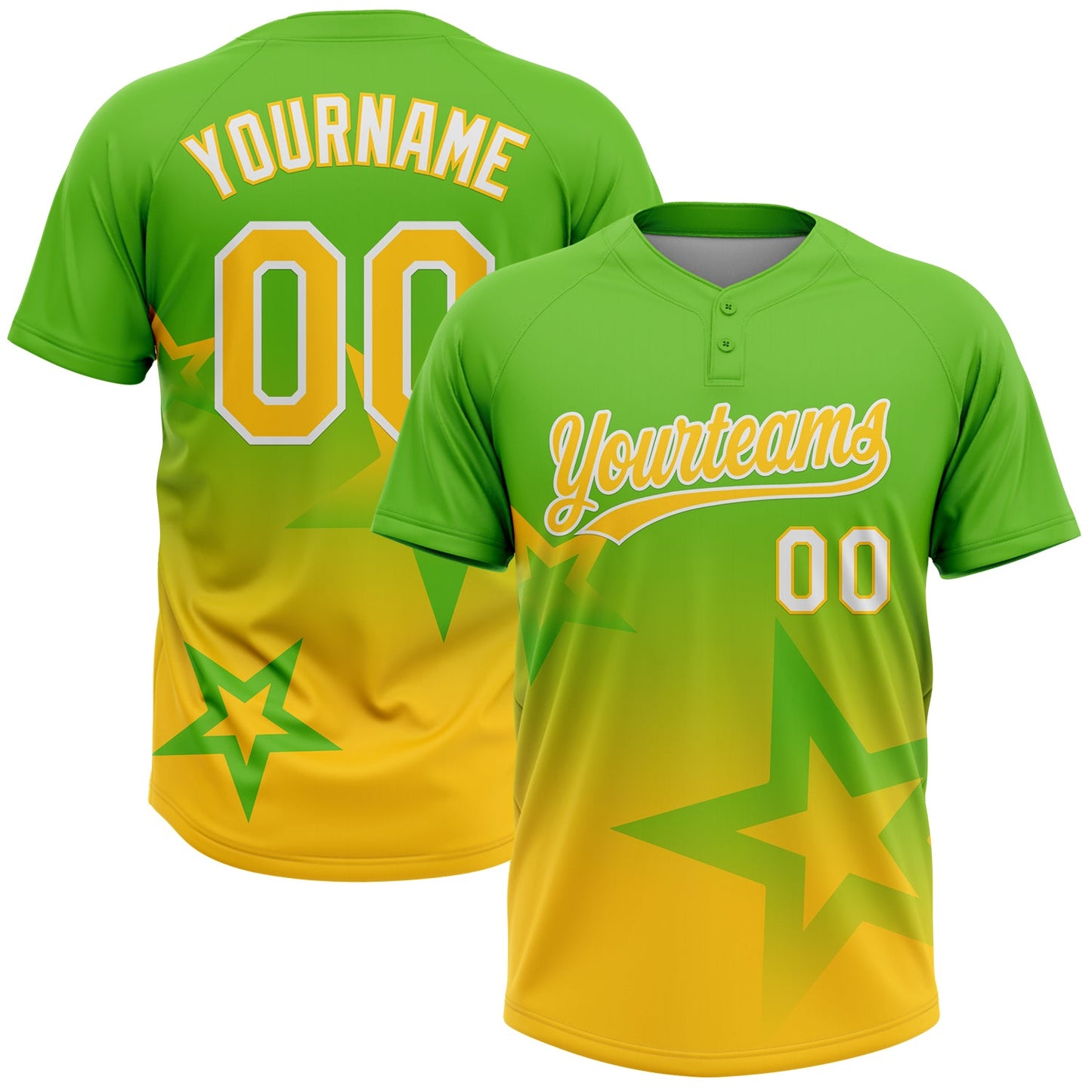 Custom Aurora Green Yellow-White Gradient Style Twinkle Star Two-Button Unisex Softball Jersey - Main View