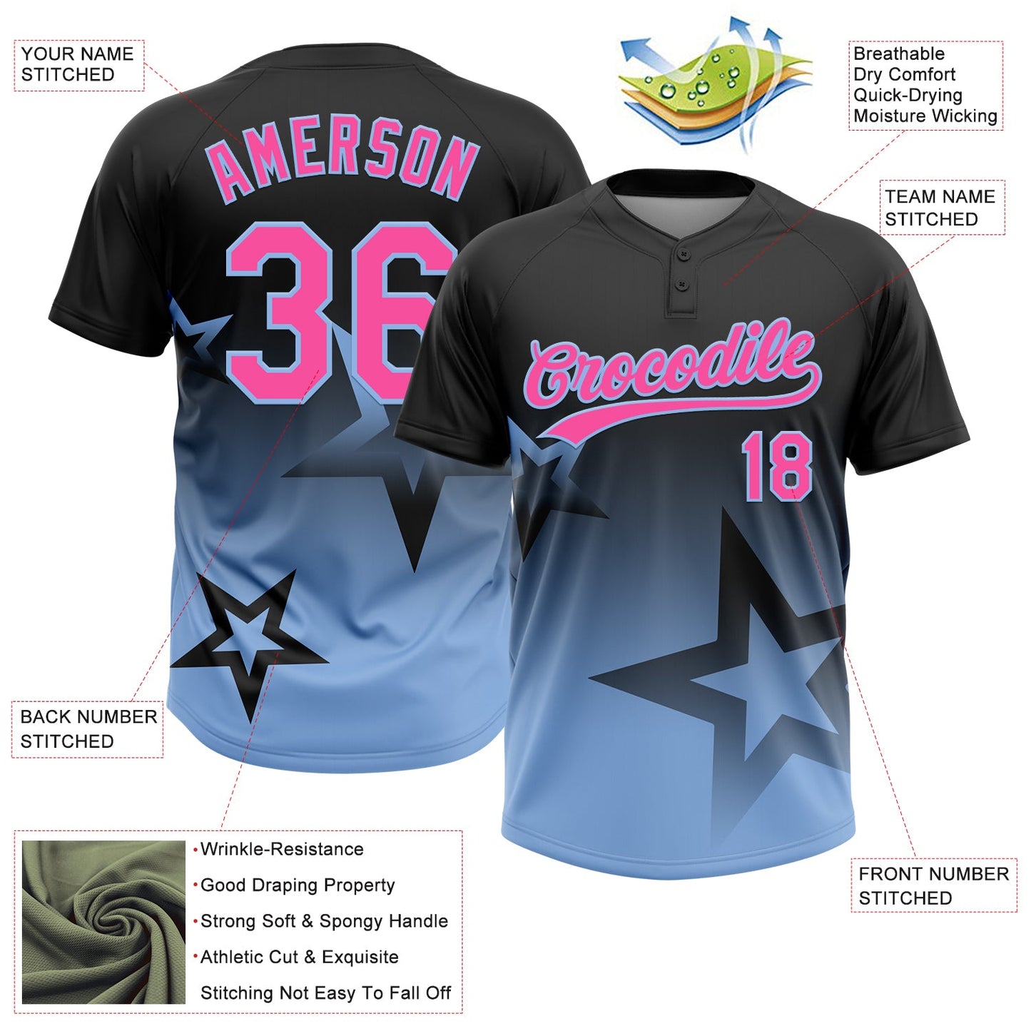 Custom Black Pink-Light Blue Gradient Style Twinkle Star Two-Button Unisex Softball Jersey view 3