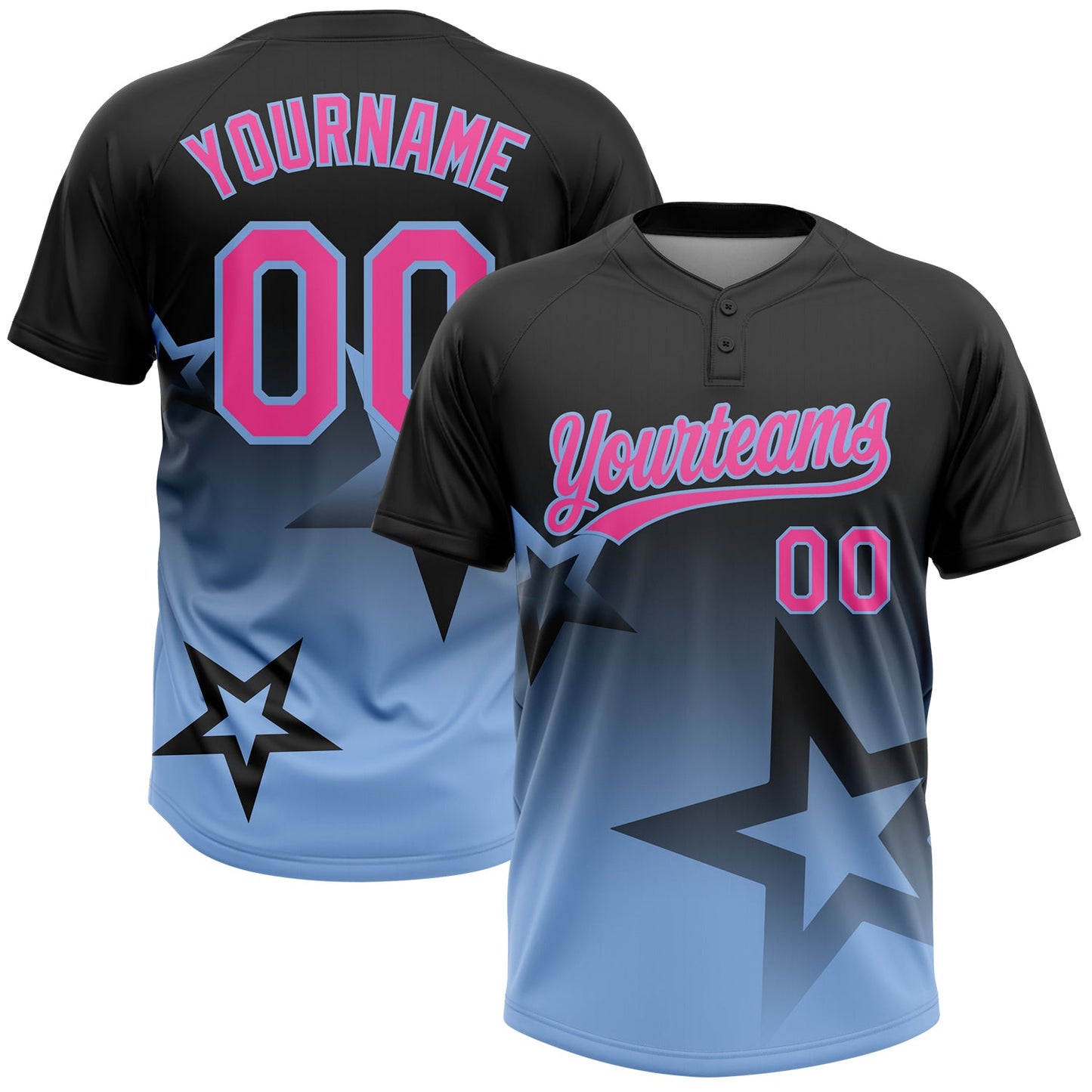 Custom Black Pink-Light Blue Gradient Style Twinkle Star Two-Button Unisex Softball Jersey - Main View
