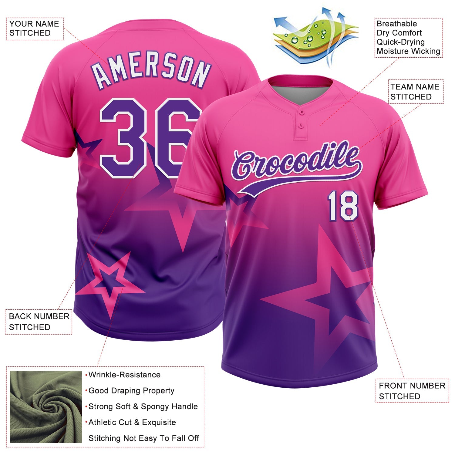 Custom Pink Purple-White Gradient Style Twinkle Star Two-Button Unisex Softball Jersey view 3