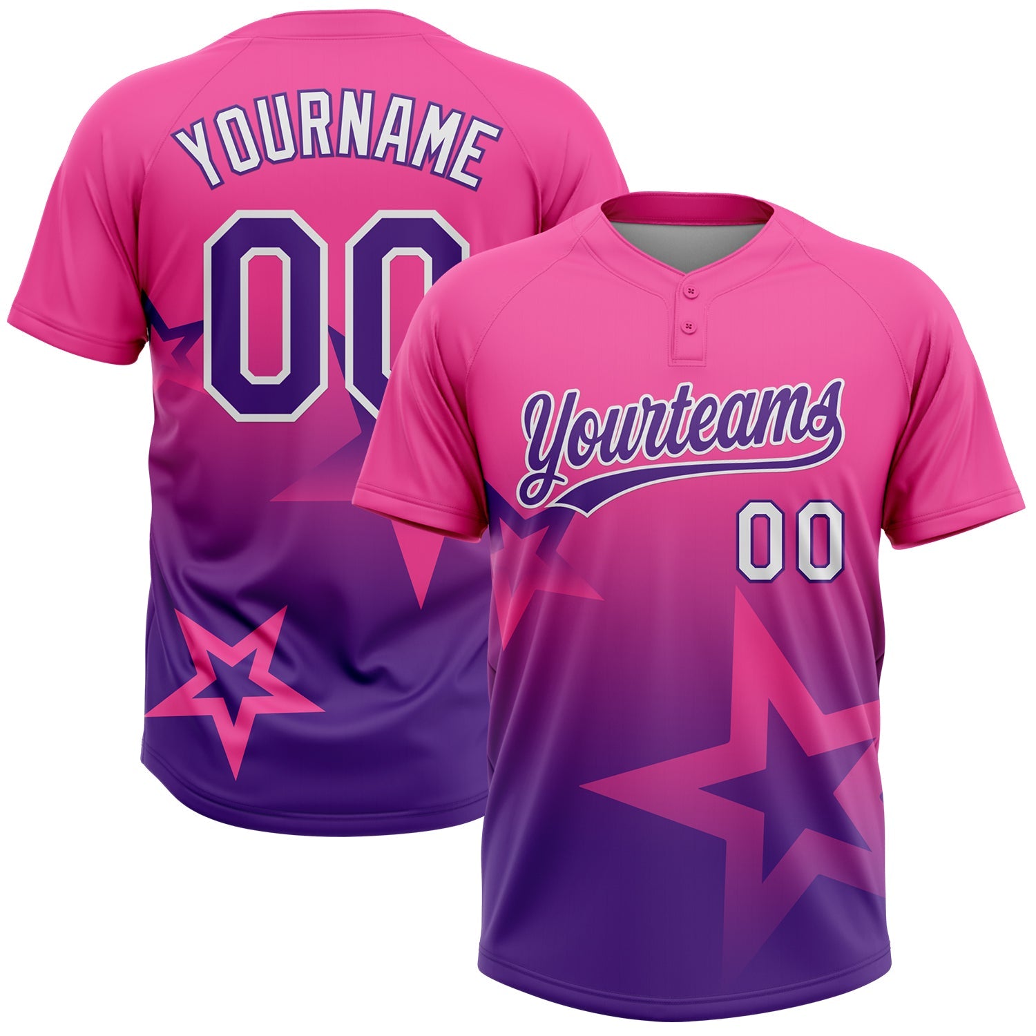 Custom Pink Purple-White Gradient Style Twinkle Star Two-Button Unisex Softball Jersey - Main View