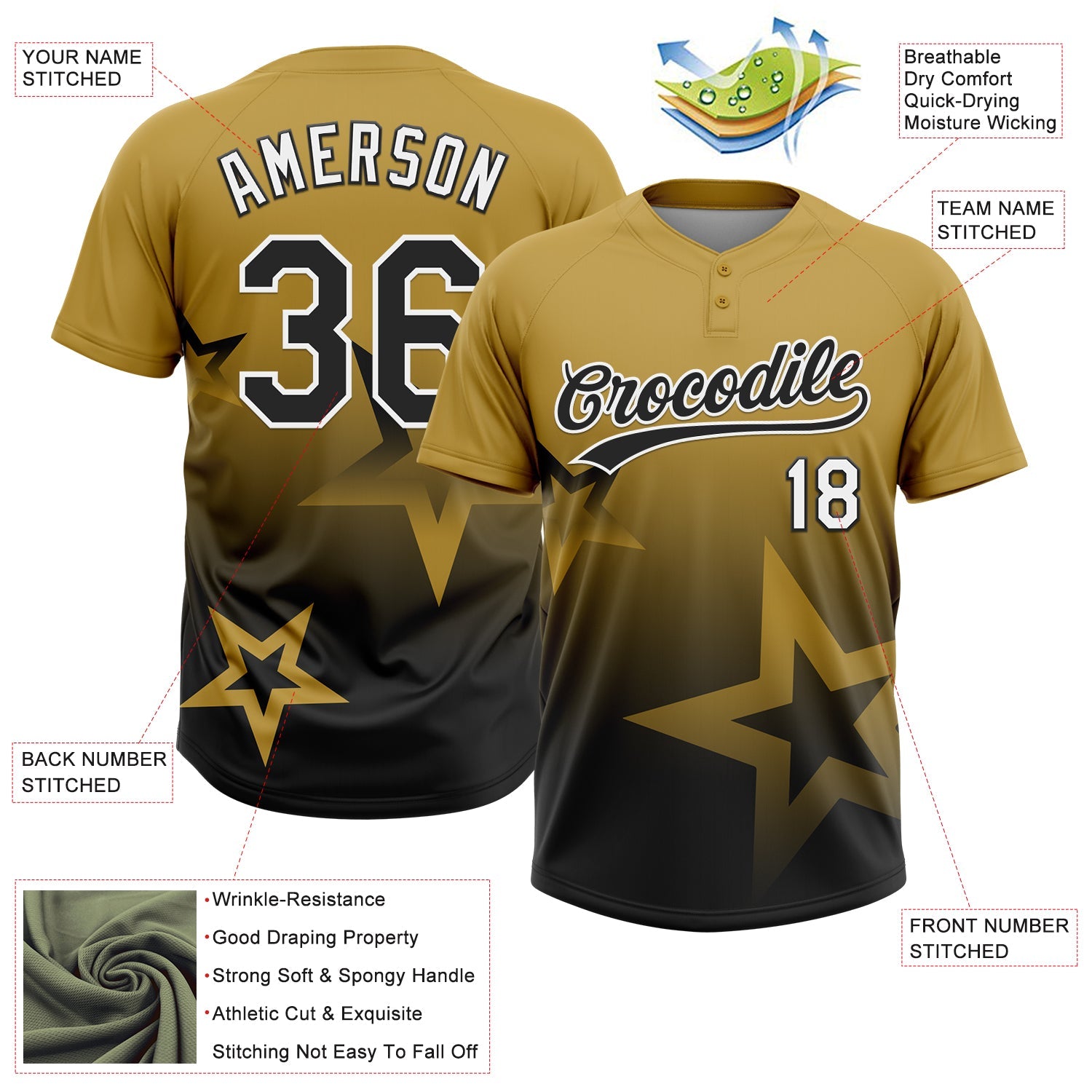 Custom Old Gold Black-White Gradient Style Twinkle Star Two-Button Unisex Softball Jersey view 3