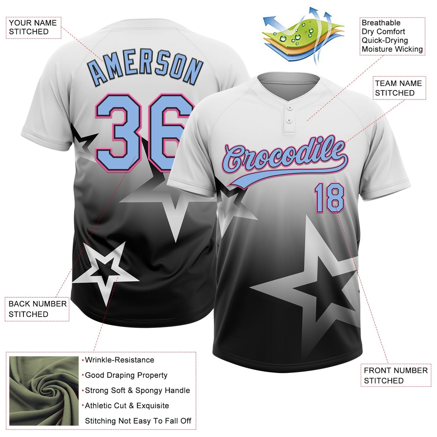 Custom White Light Blue Black-Pink Gradient Style Twinkle Star Two-Button Unisex Softball Jersey view 3