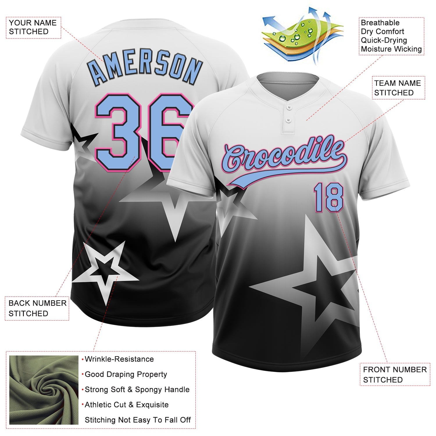 Custom White Light Blue Black-Pink Gradient Style Twinkle Star Two-Button Unisex Softball Jersey view 3