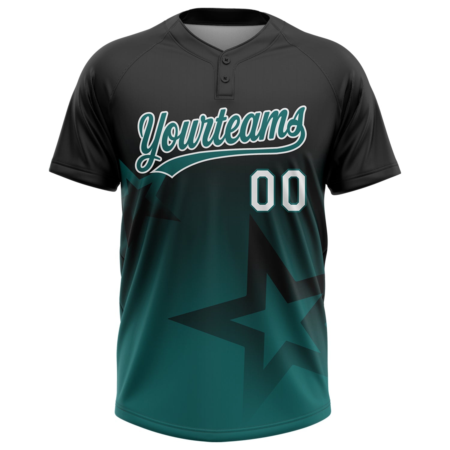Custom Black Teal-White Gradient Style Twinkle Star Two-Button Unisex Softball Jersey view 2