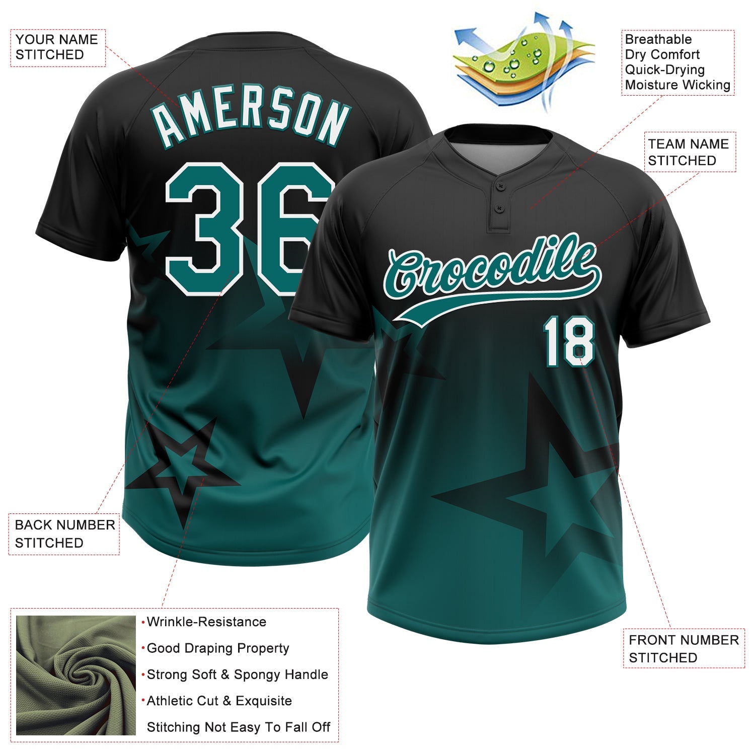 Custom Black Teal-White Gradient Style Twinkle Star Two-Button Unisex Softball Jersey view 3