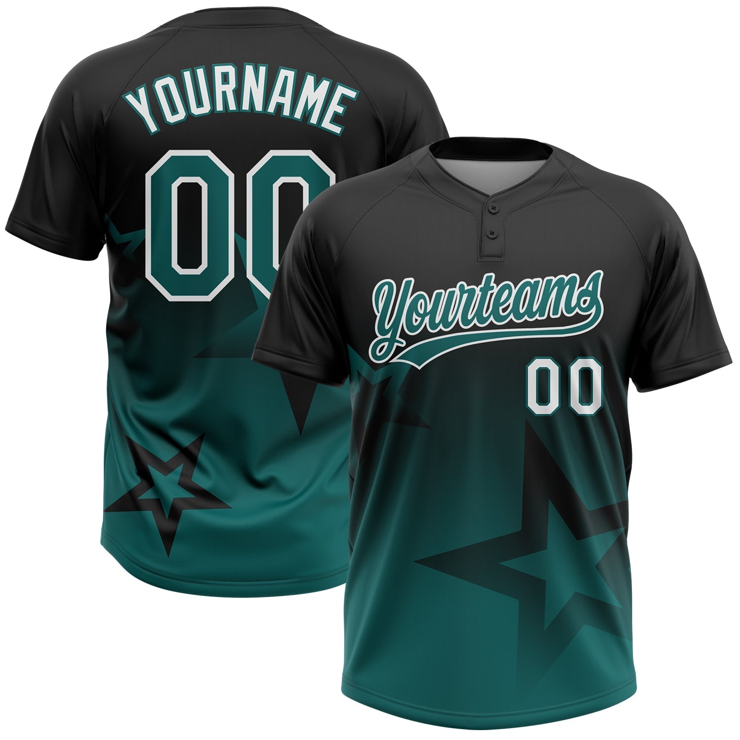 Custom Black Teal-White Gradient Style Twinkle Star Two-Button Unisex Softball Jersey - Main View