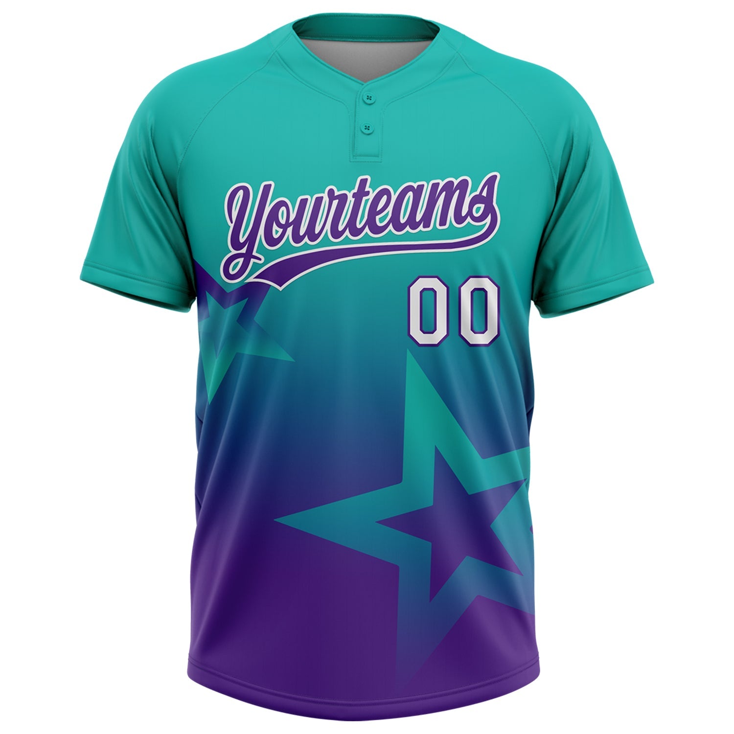 Custom Aqua Purple-White Gradient Style Twinkle Star Two-Button Unisex Softball Jersey view 2