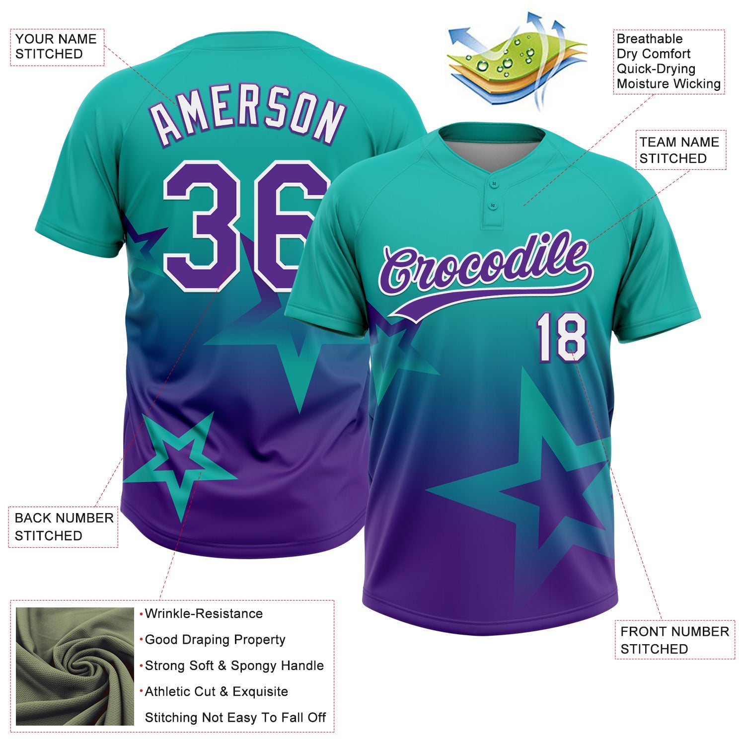 Custom Aqua Purple-White Gradient Style Twinkle Star Two-Button Unisex Softball Jersey view 3