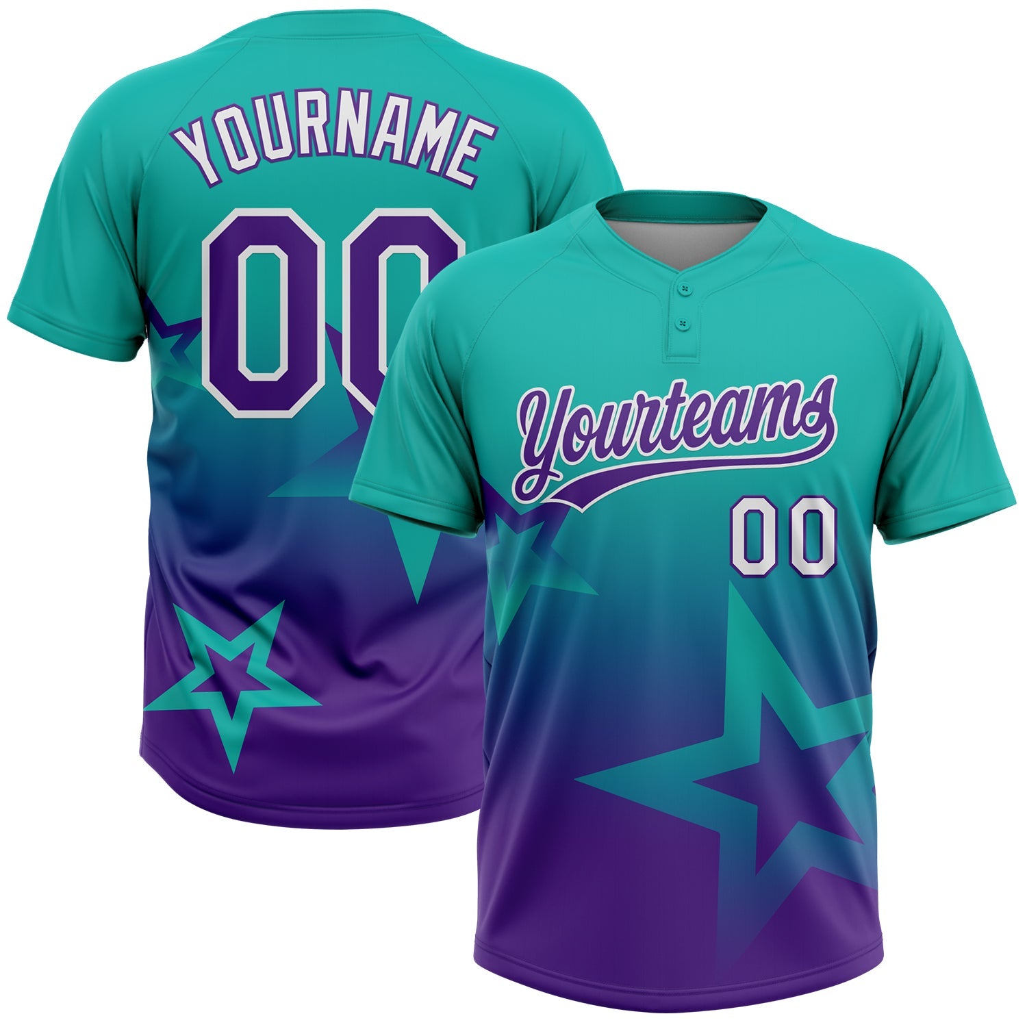 Custom Aqua Purple-White Gradient Style Twinkle Star Two-Button Unisex Softball Jersey - Main View