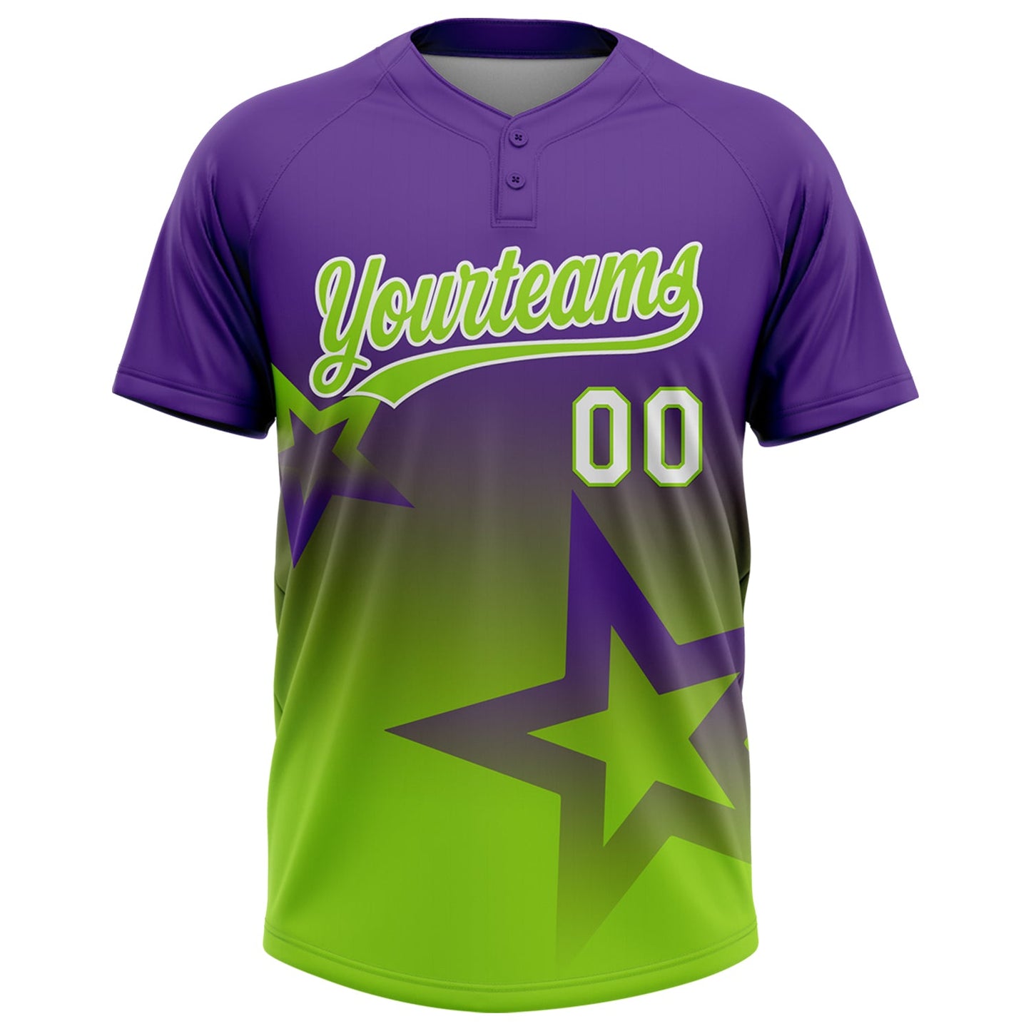 Custom Purple Neon Green-White Gradient Style Twinkle Star Two-Button Unisex Softball Jersey view 2