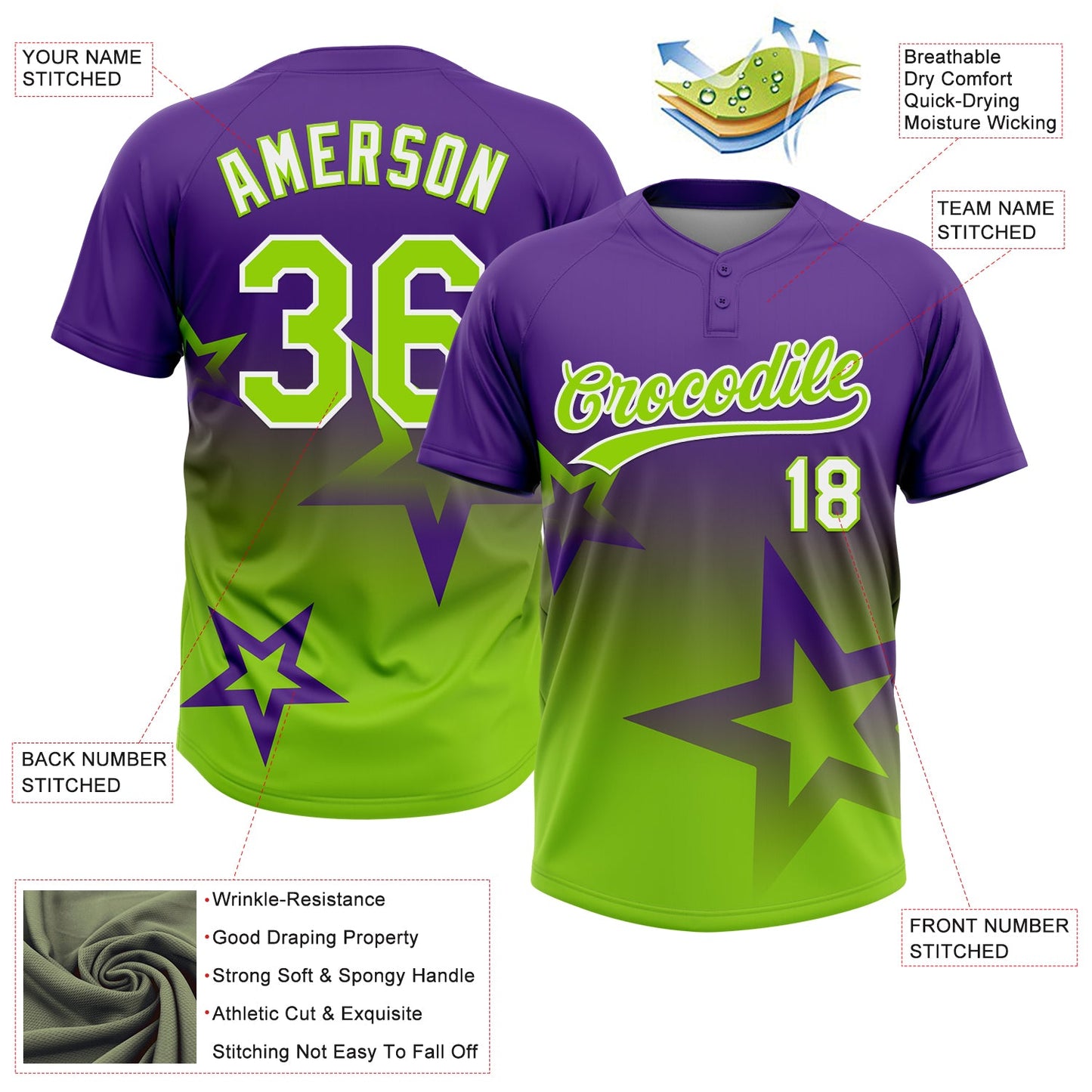 Custom Purple Neon Green-White Gradient Style Twinkle Star Two-Button Unisex Softball Jersey view 3