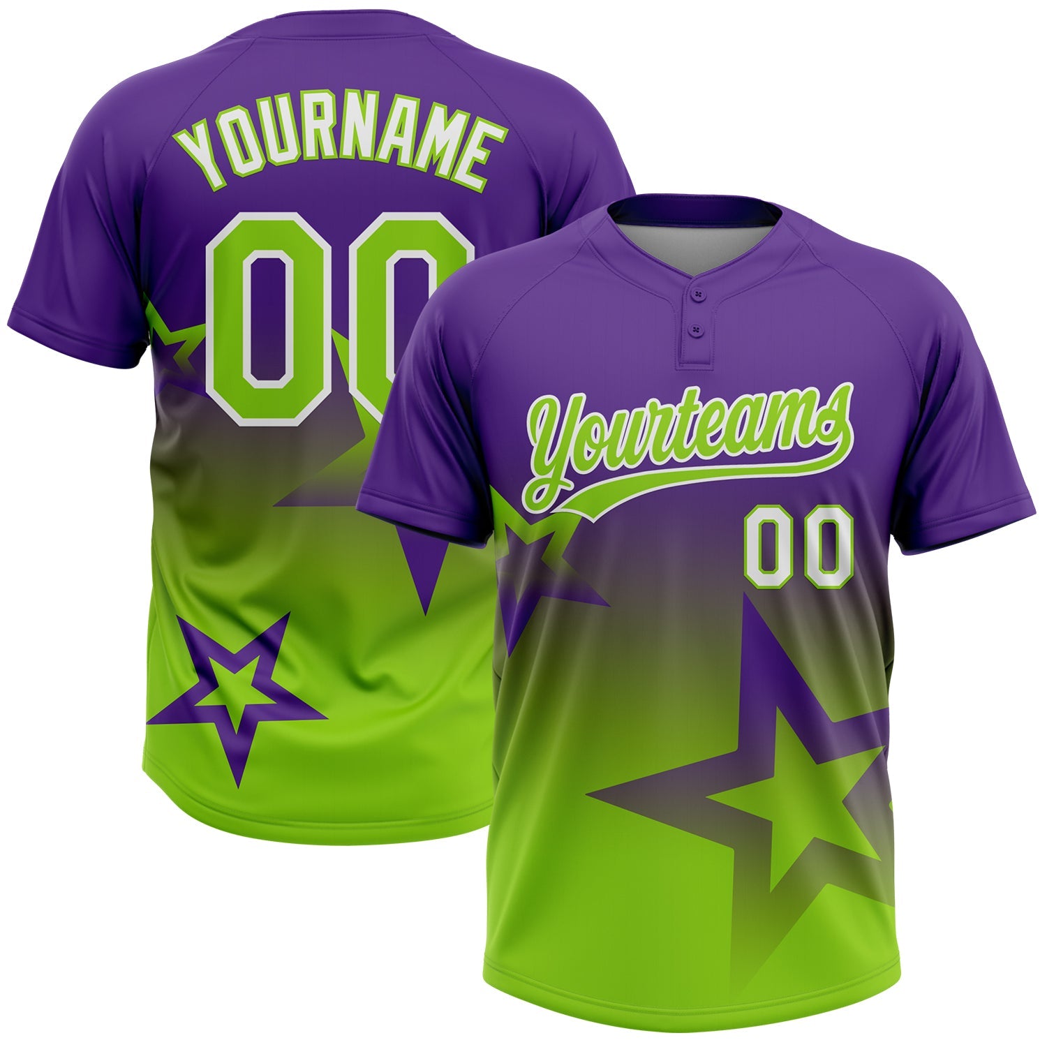 Custom Purple Neon Green-White Gradient Style Twinkle Star Two-Button Unisex Softball Jersey - Main View