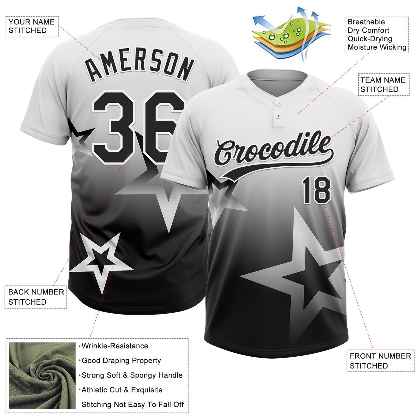 Custom White Black Gradient Style Twinkle Star Two-Button Unisex Softball Jersey view 3