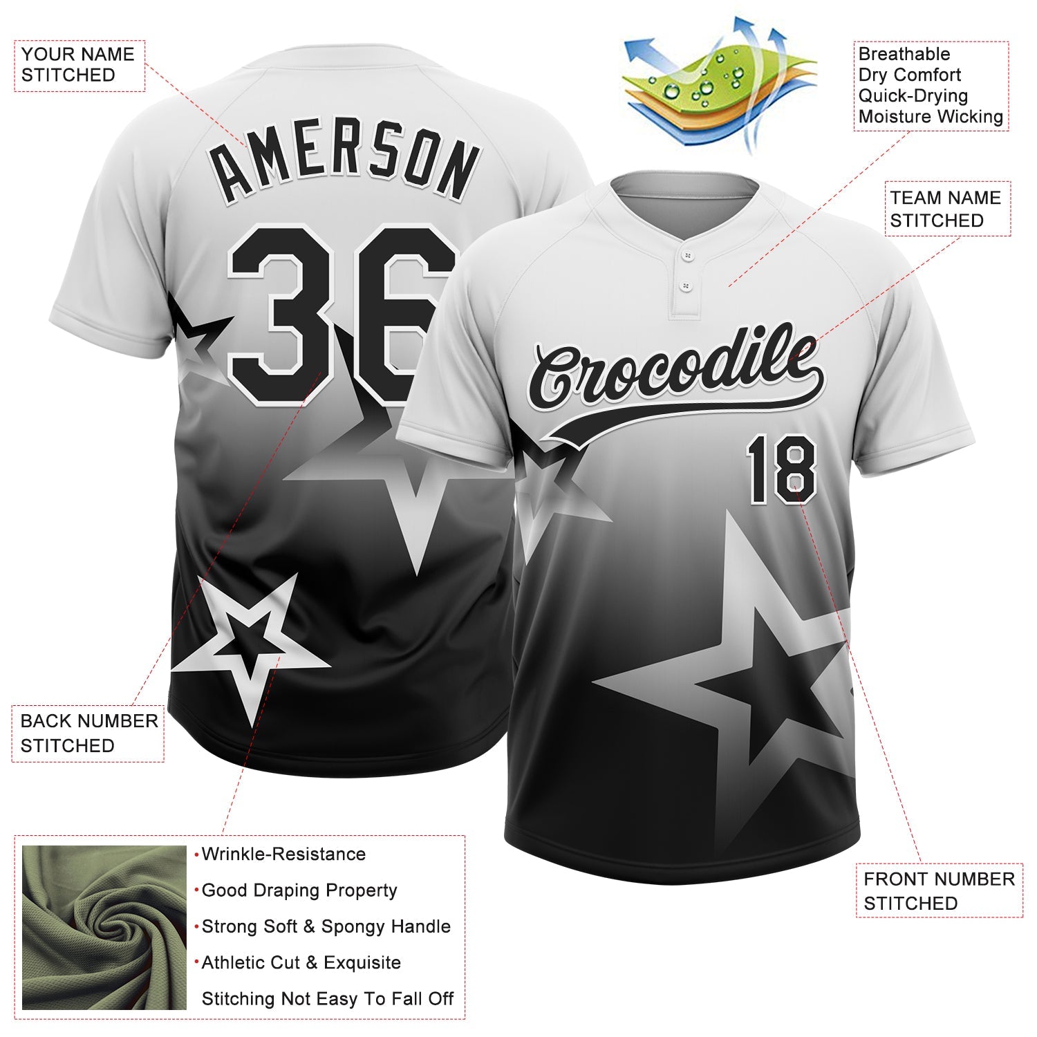 Custom White Black Gradient Style Twinkle Star Two-Button Unisex Softball Jersey view 3