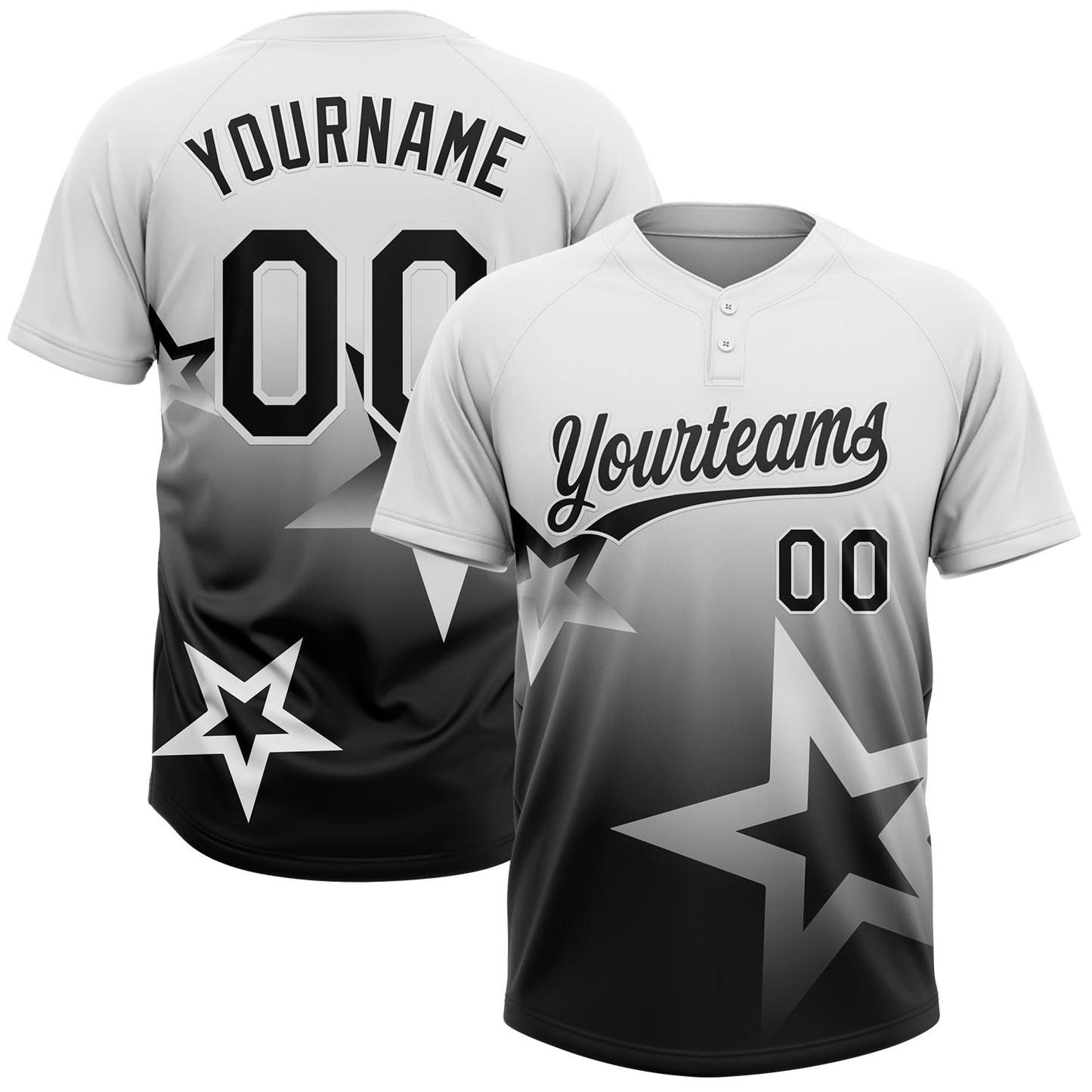 Custom White Black Gradient Style Twinkle Star Two-Button Unisex Softball Jersey - Main View