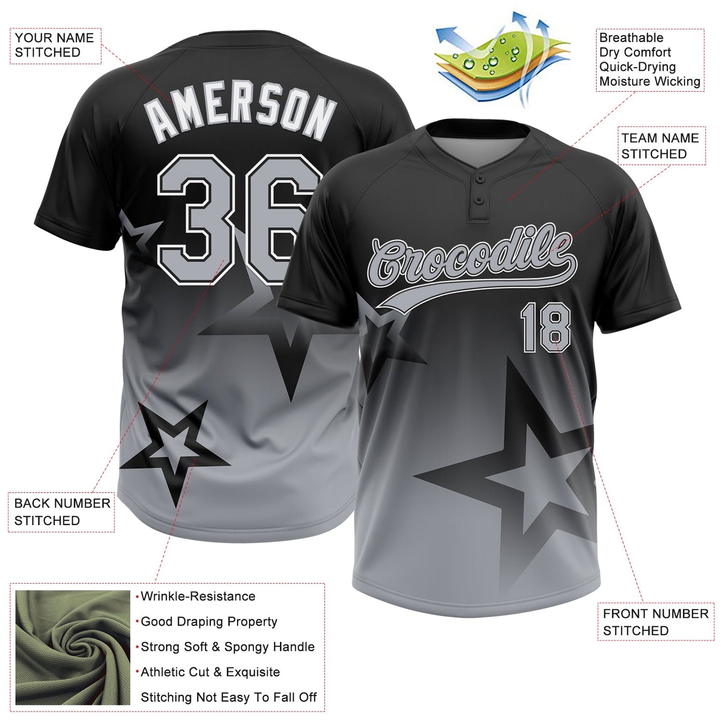 Custom Black Gray-White Gradient Style Twinkle Star Two-Button Unisex Softball Jersey view 3