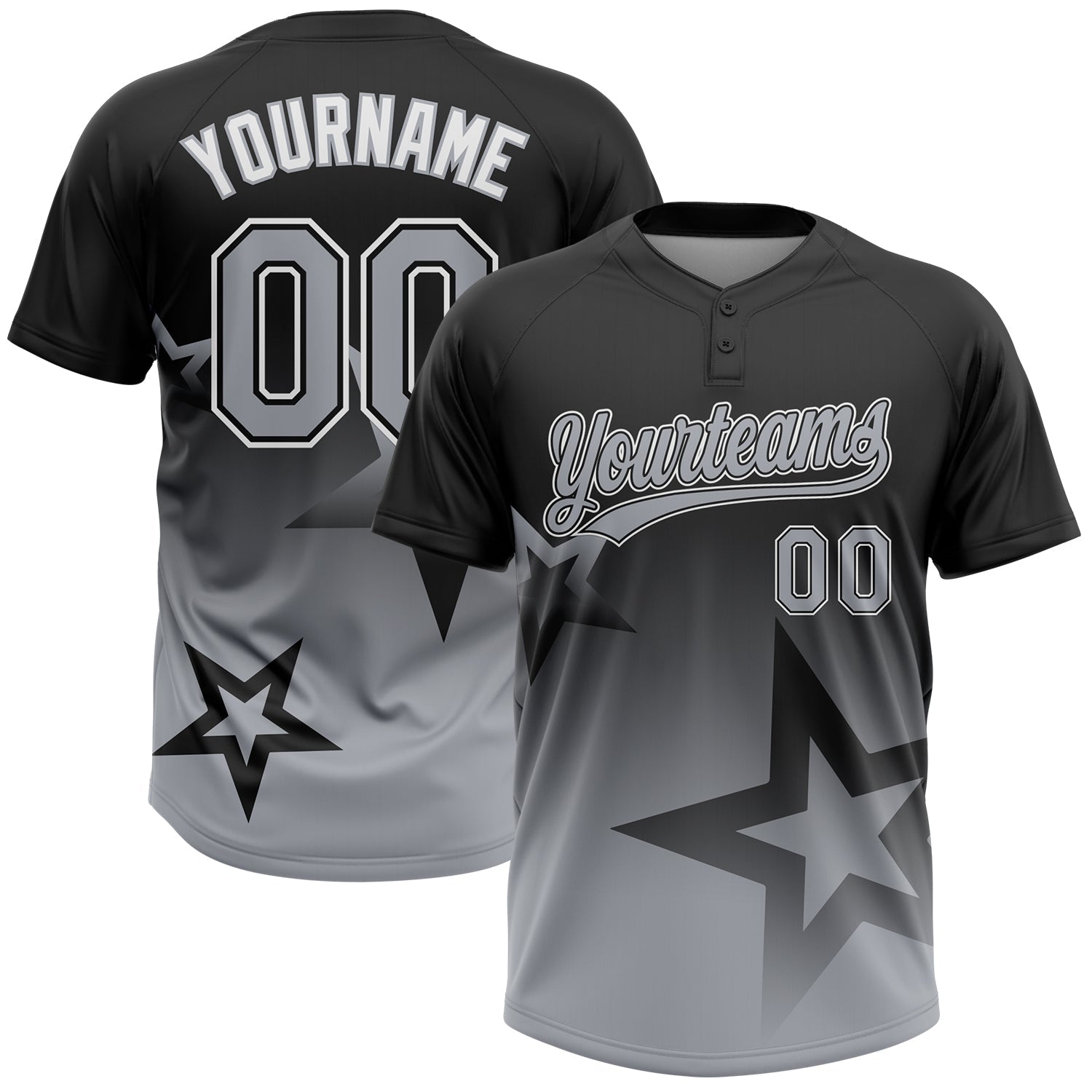 Custom Black Gray-White Gradient Style Twinkle Star Two-Button Unisex Softball Jersey - Main View