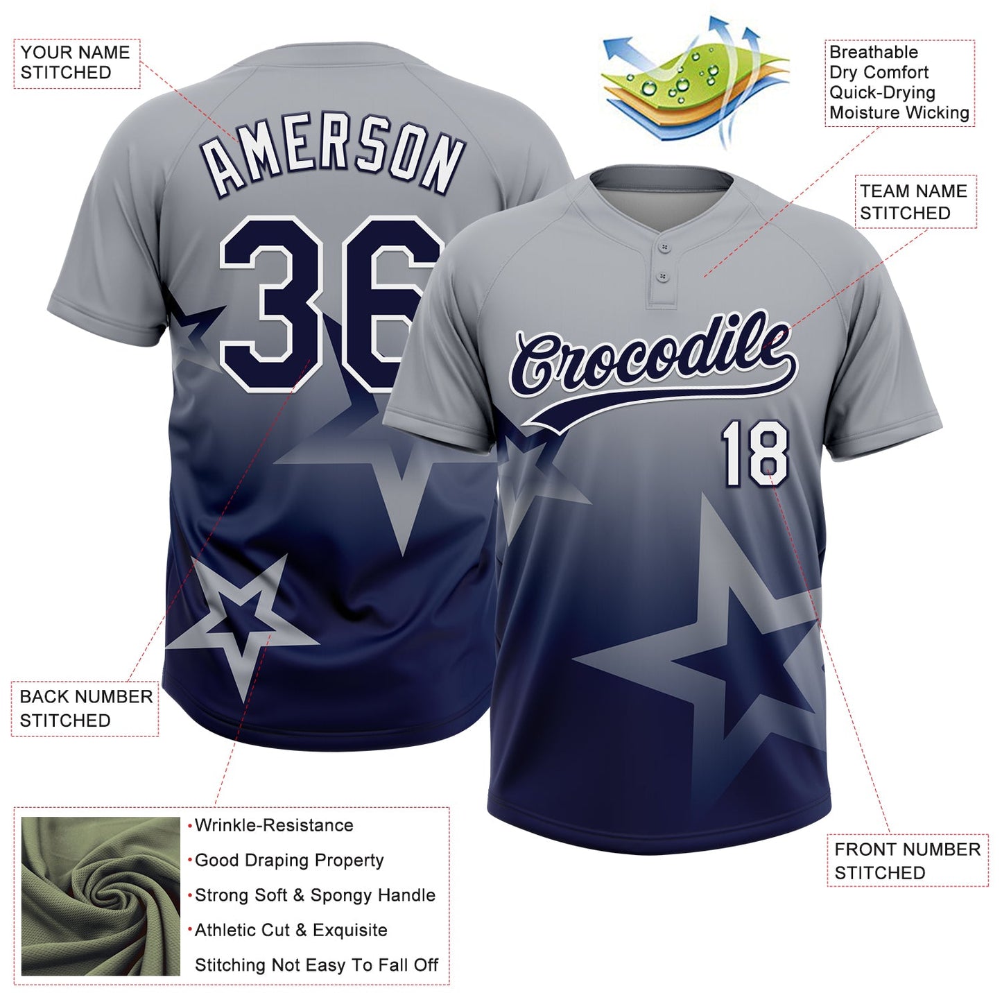 Custom Gray Navy-White Gradient Style Twinkle Star Two-Button Unisex Softball Jersey view 3