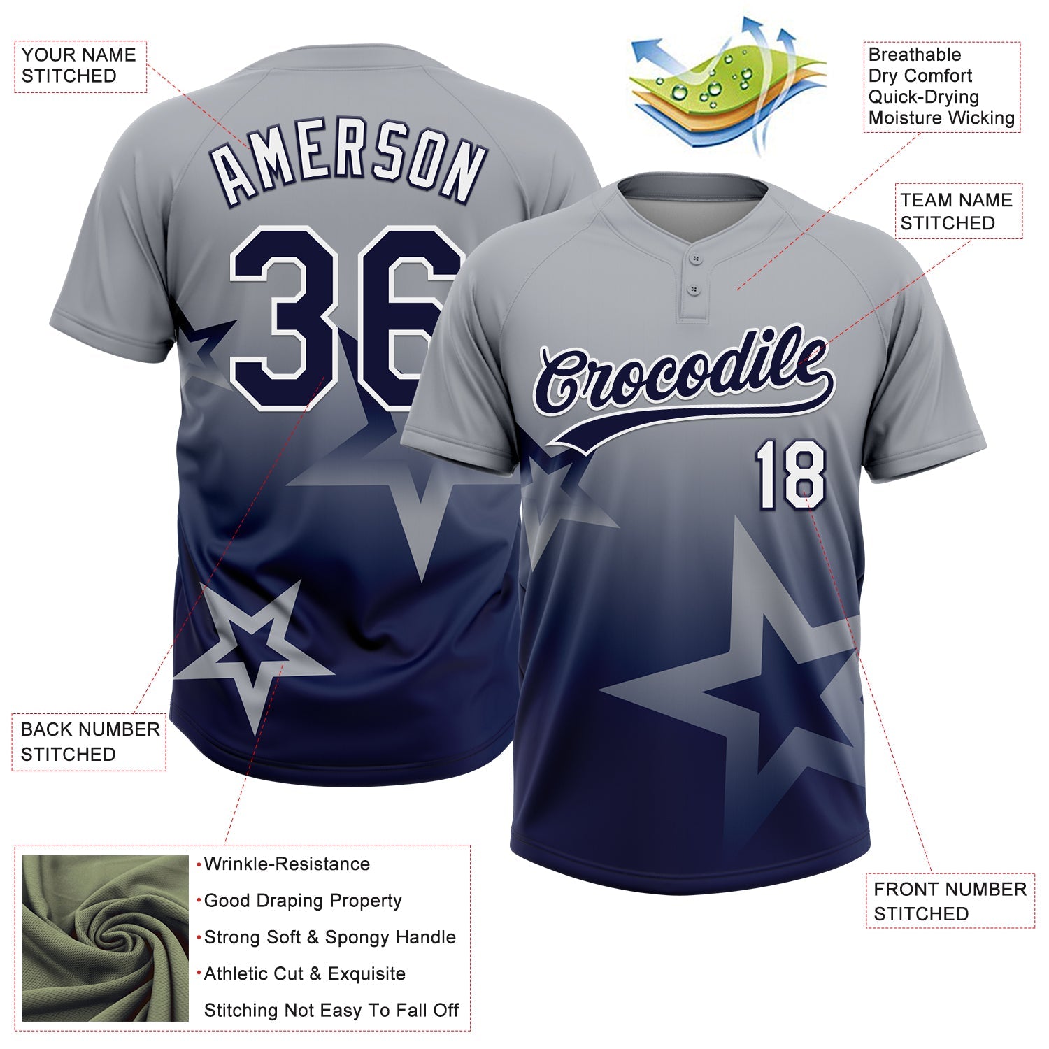 Custom Gray Navy-White Gradient Style Twinkle Star Two-Button Unisex Softball Jersey view 3