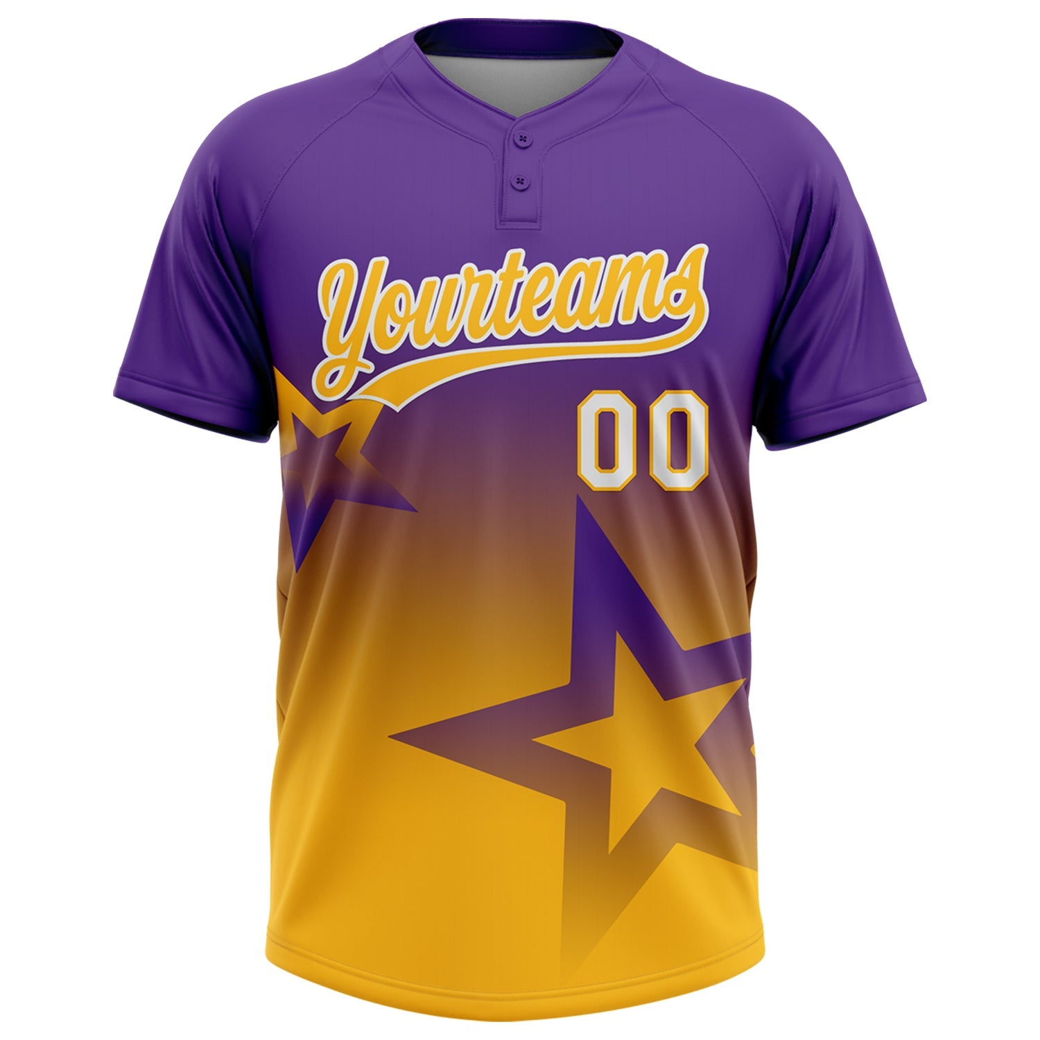 Custom Purple Gold-White Gradient Style Twinkle Star Two-Button Unisex Softball Jersey view 2