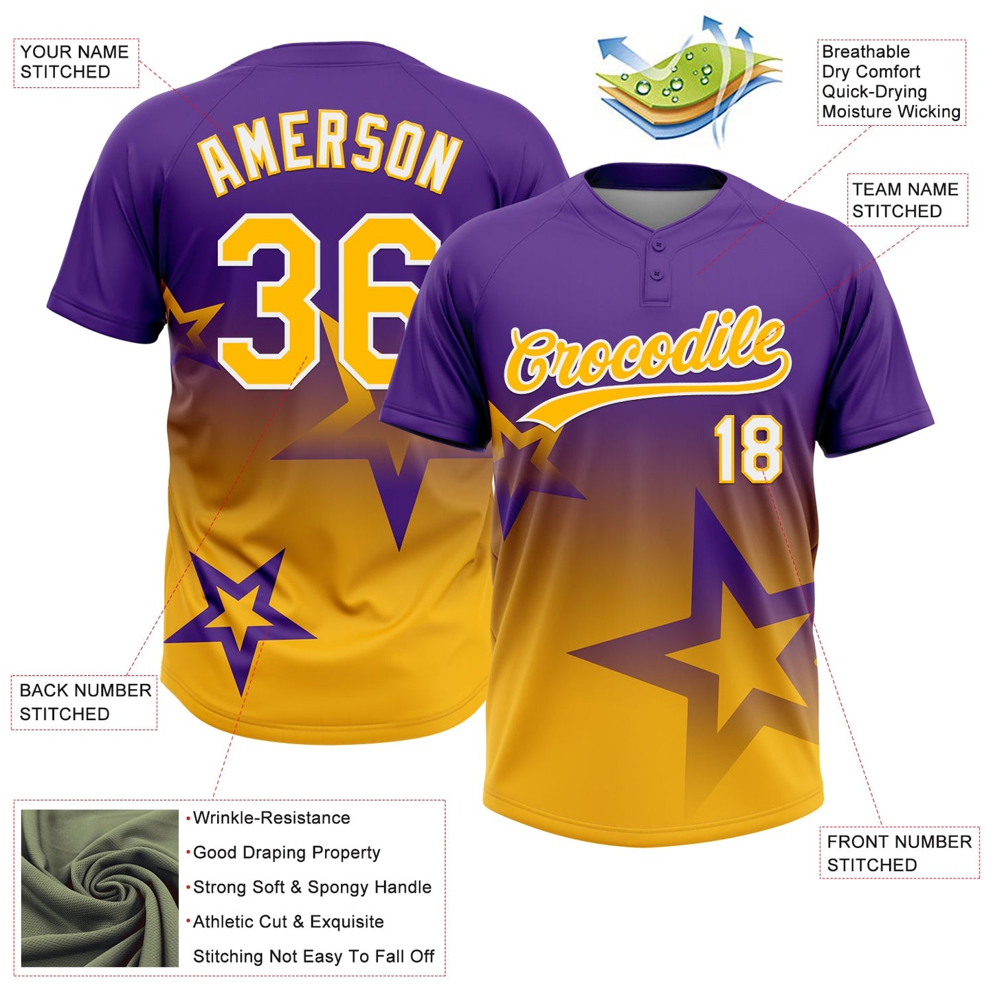 Custom Purple Gold-White Gradient Style Twinkle Star Two-Button Unisex Softball Jersey view 3