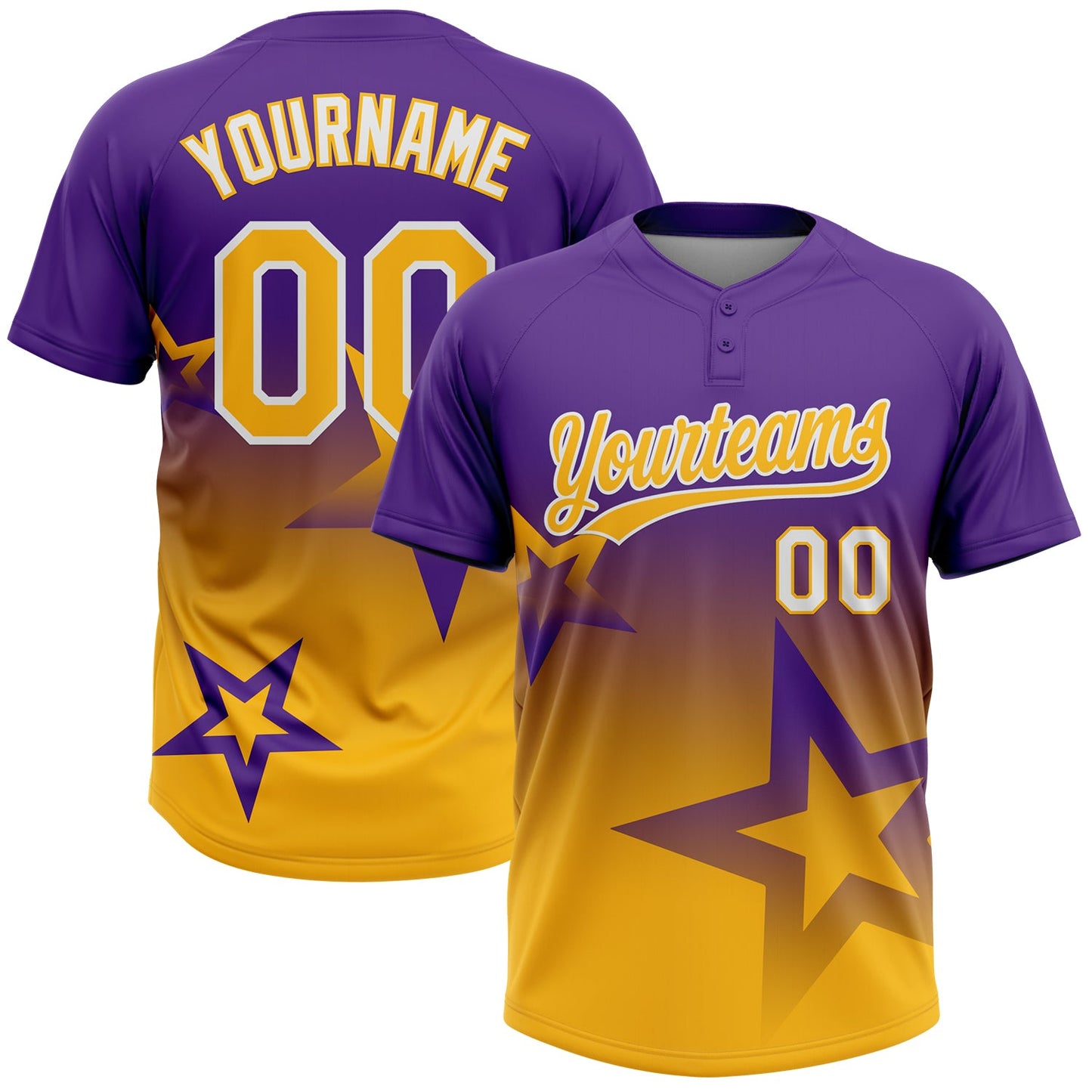 Custom Purple Gold-White Gradient Style Twinkle Star Two-Button Unisex Softball Jersey - Main View