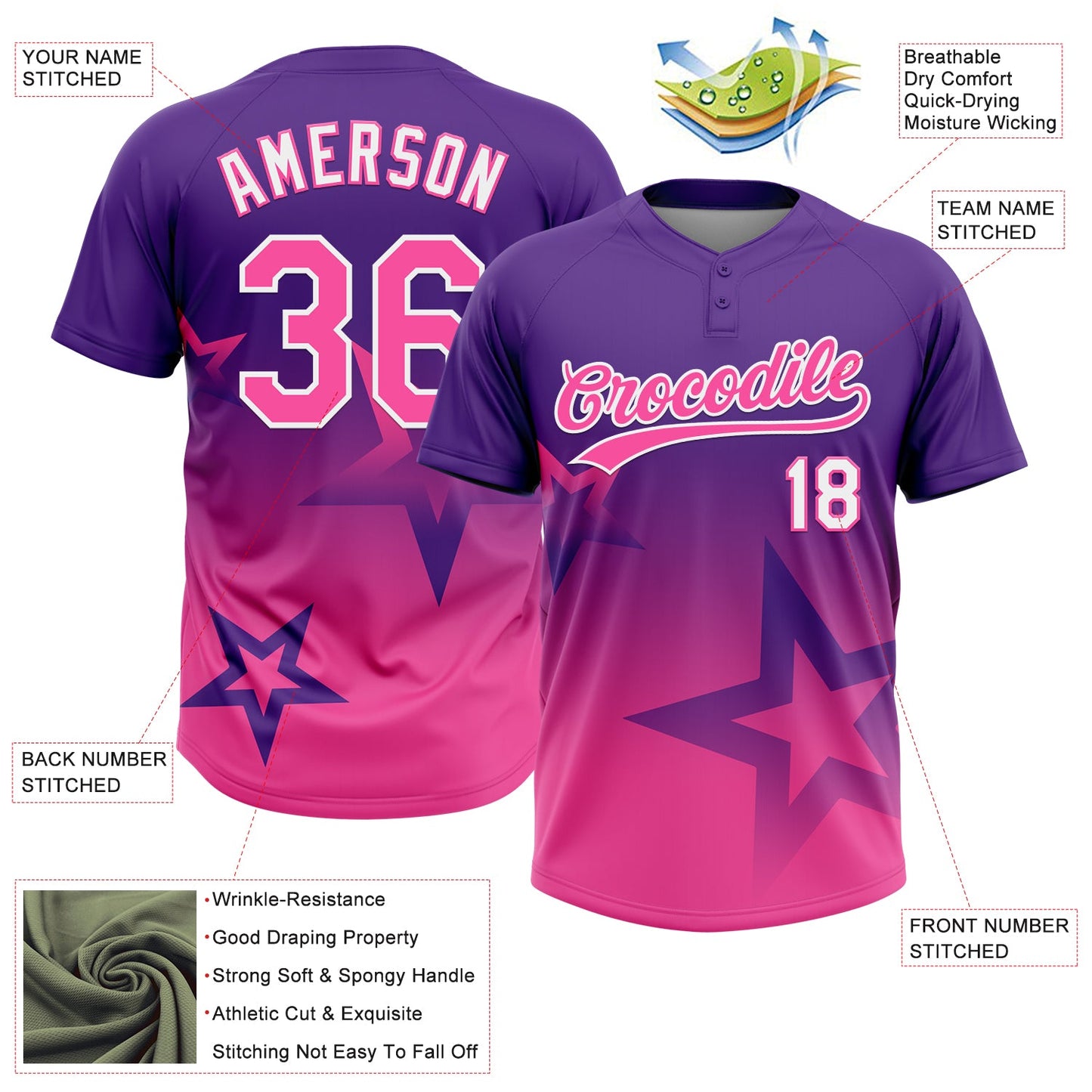 Custom Purple Pink-White Gradient Style Twinkle Star Two-Button Unisex Softball Jersey view 3
