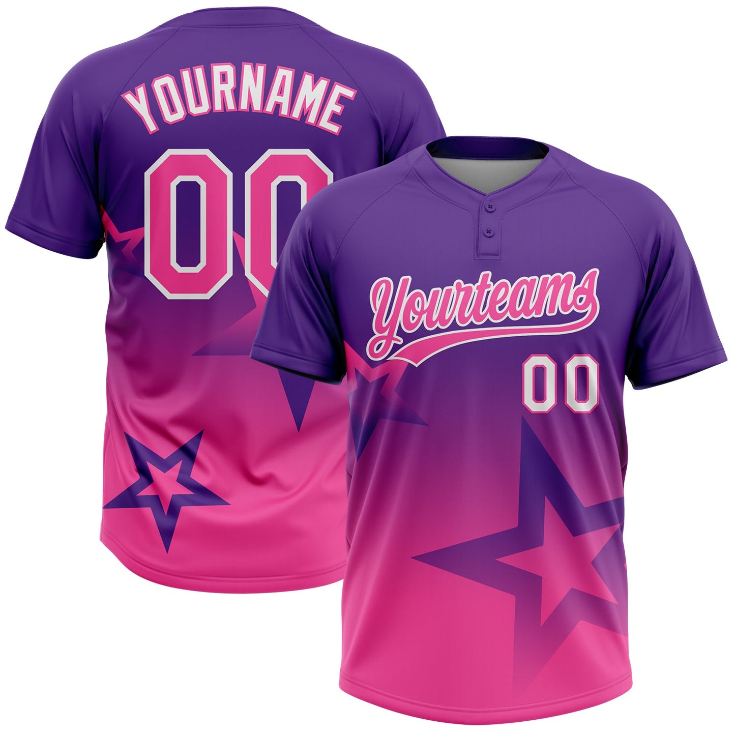 Custom Purple Pink-White Gradient Style Twinkle Star Two-Button Unisex Softball Jersey - Main View