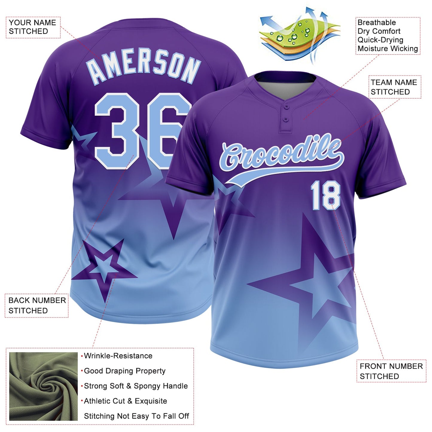 Custom Purple Light Blue-White Gradient Style Twinkle Star Two-Button Unisex Softball Jersey view 3