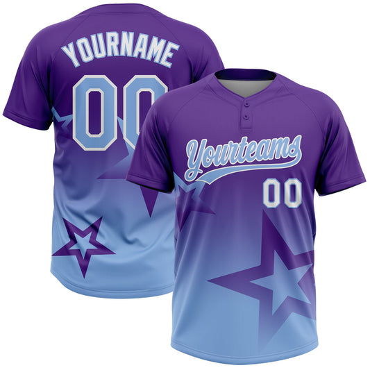Custom Purple Light Blue-White Gradient Style Twinkle Star Two-Button Unisex Softball Jersey - Main View